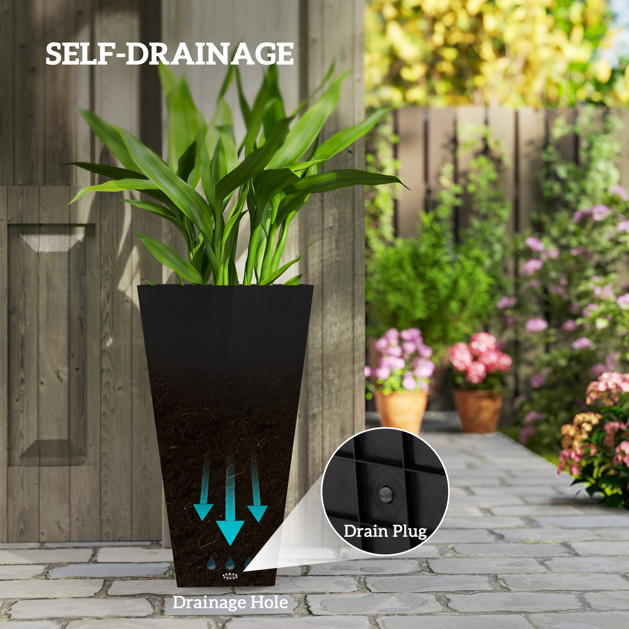 Tall Planters for Outdoor Plants Set of 3, 28 In Taper Planters with Drainage Holes, Indoor Grande Plant Pots, Front Porch Decor (Black) - Black - Image 5