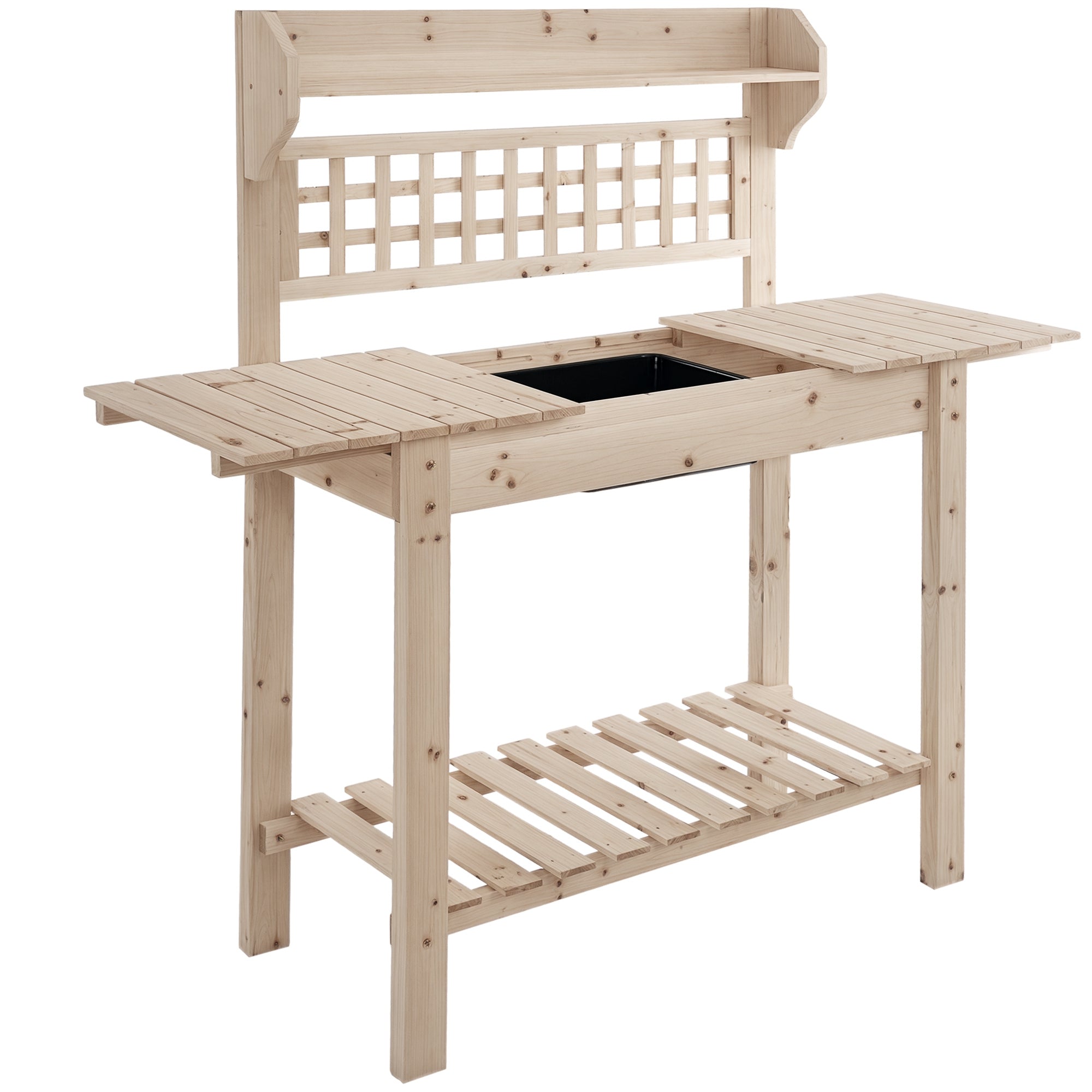 Outdoor Potting Bench Table, Wooden Workstation with Sliding Tabletop, Storage Shelf and Dry Sink, for Greenhouse, Garden, Patio, Natural - Natural Wood