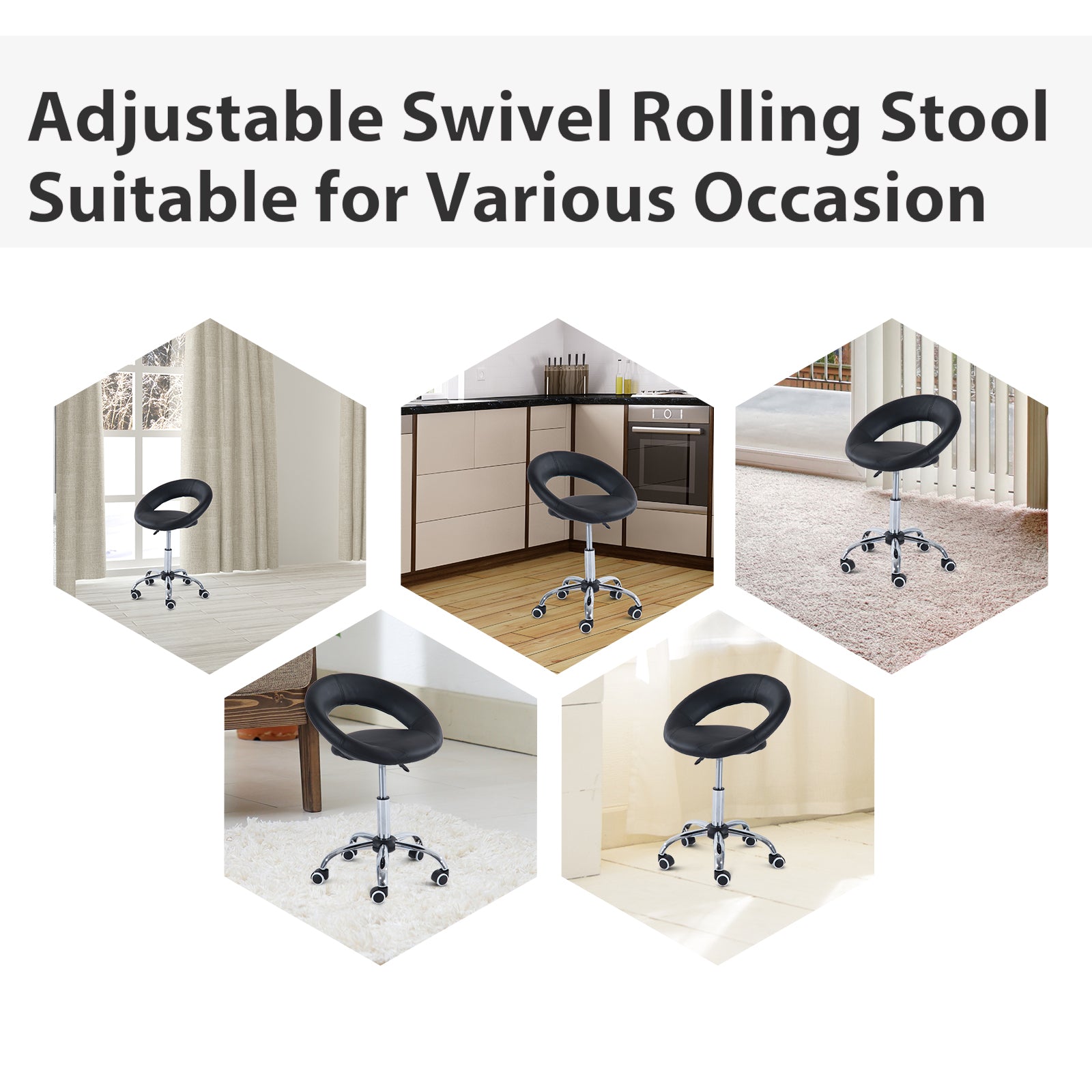 Crescent Rolling Salon Stool with Adjustable Height, Breathable Open Back, Foam Cushion Seat, and 5 Caster Wheels, Black
