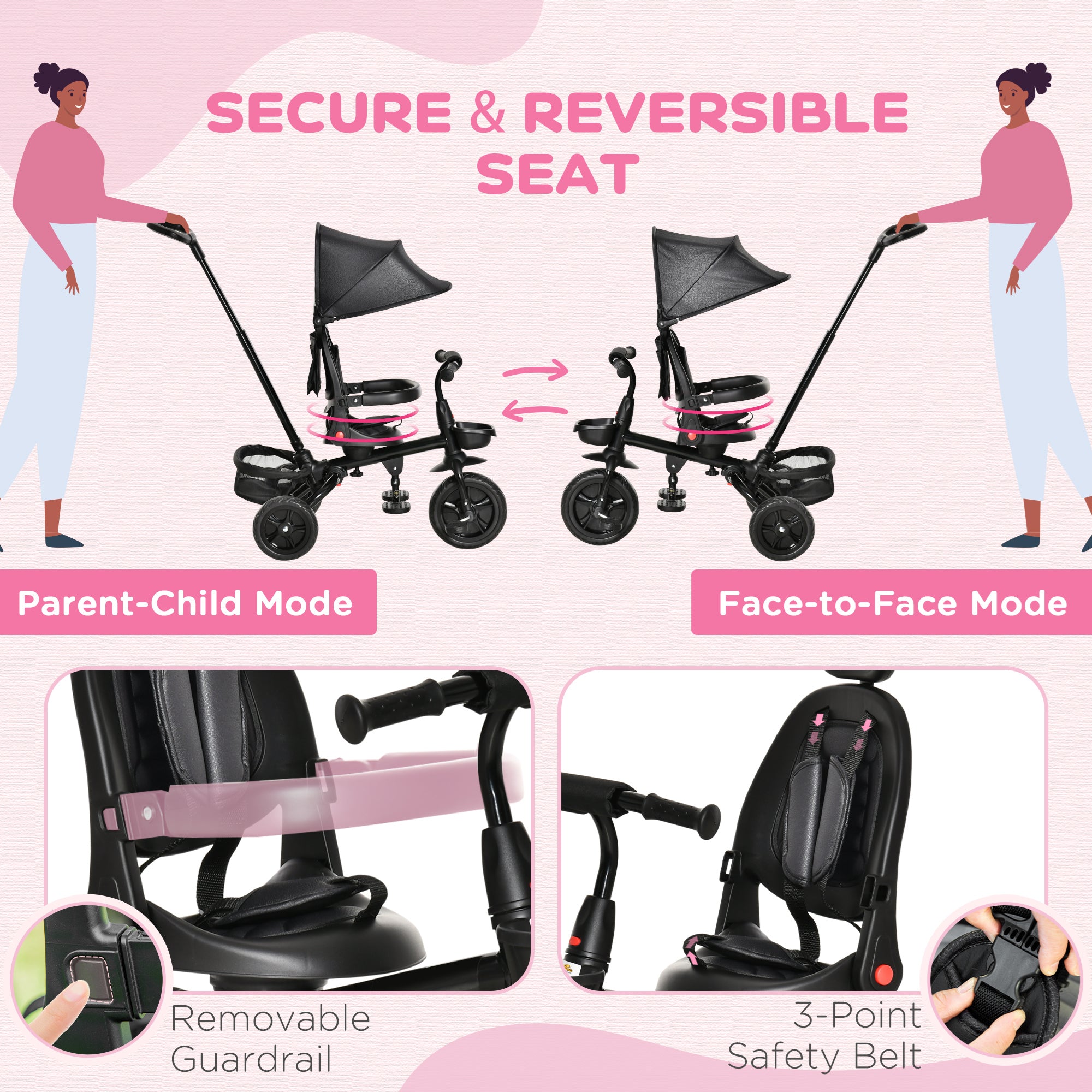 Kids Tricycle, 4 in 1 Foldable Trike with Reversible Seat, Adjustable Parent Handle, Safety Harness, Wheel Brakes, Removable Canopy, Storage, Tricycle for Toddlers 1-5 Years, Black