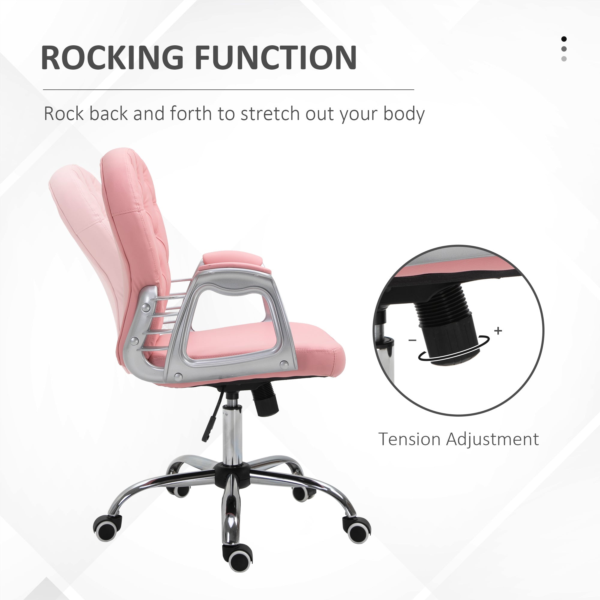 Makeup Vanity Chair, PU Leather Computer Task Chair with Button Tufted, Padded Armrests, Adjustable Height and Swivel Wheels, Pink