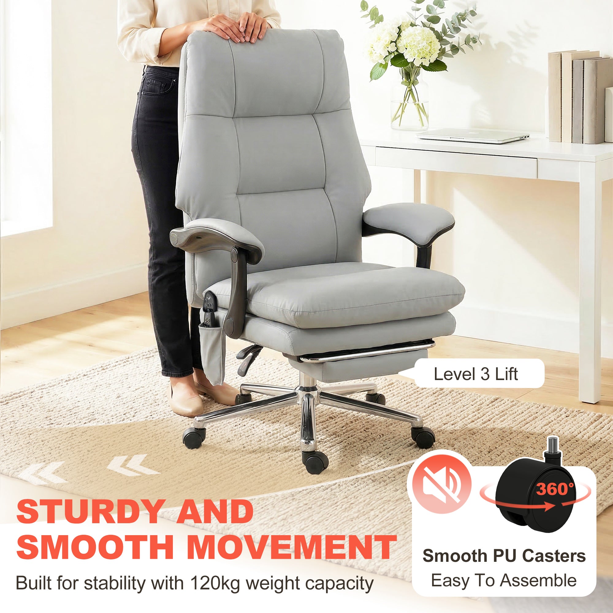 Massage Office Chair with 6-Point Vibration, Pet-Friendly Faux Leather Ergonomic Executive Desk Chair, Light Gray
