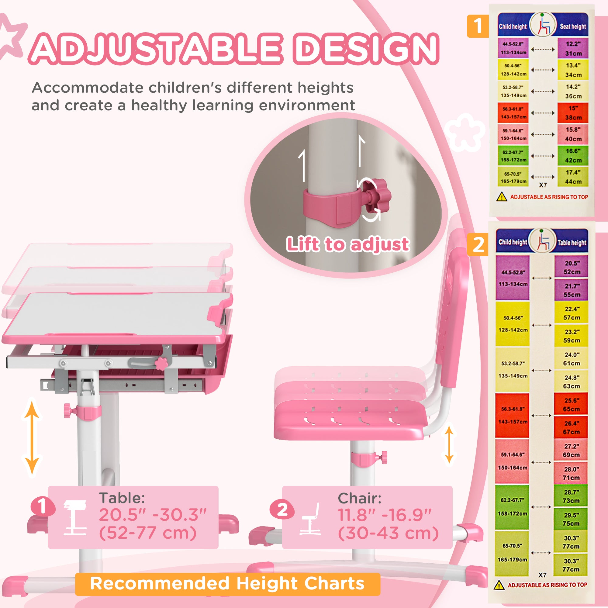 Height Adjustable Kids Desk and Chairs Set with Tilt Desktop, Storage Drawer, Pen Slot, Hook, Pink