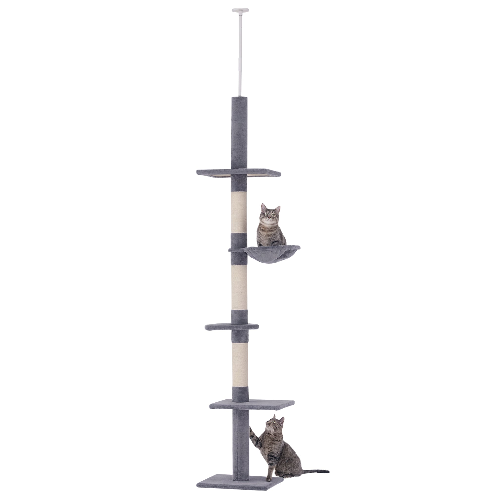 102" Adjustable Height Floor to Ceiling Cat Tree, 5 Level Cat Tower with Scratching Posts, Hammock, Gray - Grey