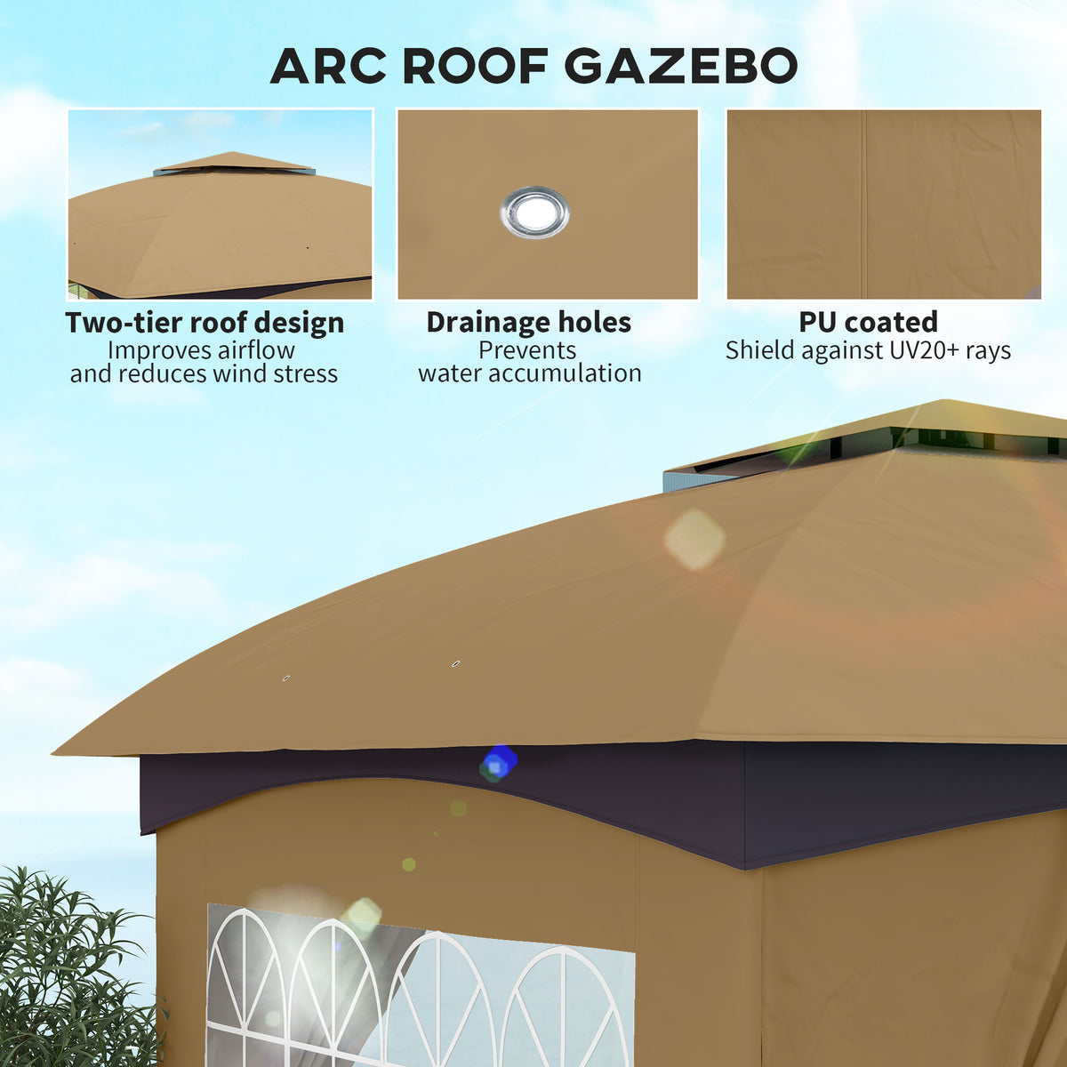 11' x 11' Outdoor Gazebo, Double Roof Patio Gazebo with Curtains, Church Windows, Galvanized Steel Frame, Beige