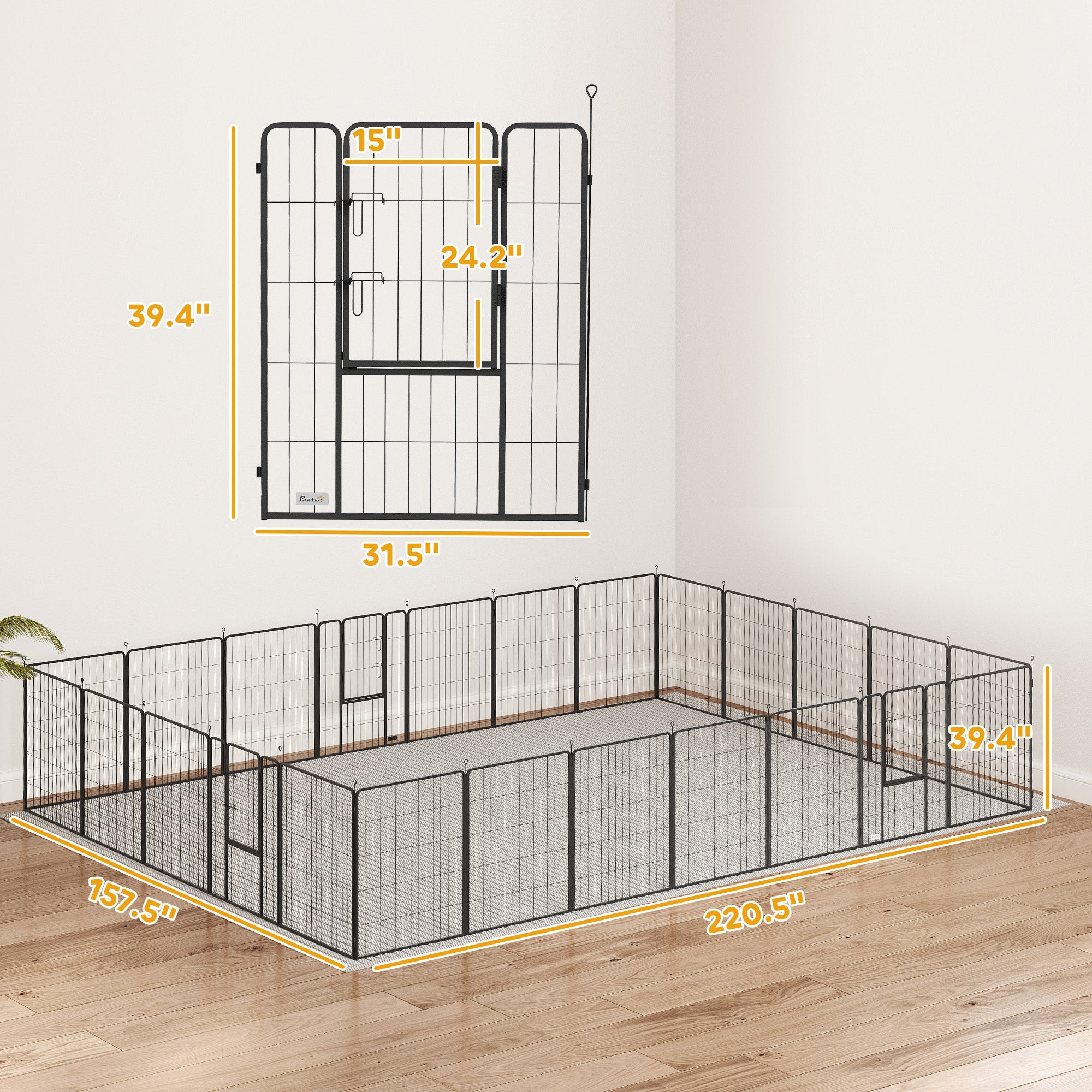 Dog Playpen for Indoor Outdoor, 24 Panels 39" H Puppy Playpen with Lockable Door, DIY Shape Pet Exercise Fence, Gray - Black - Image 3