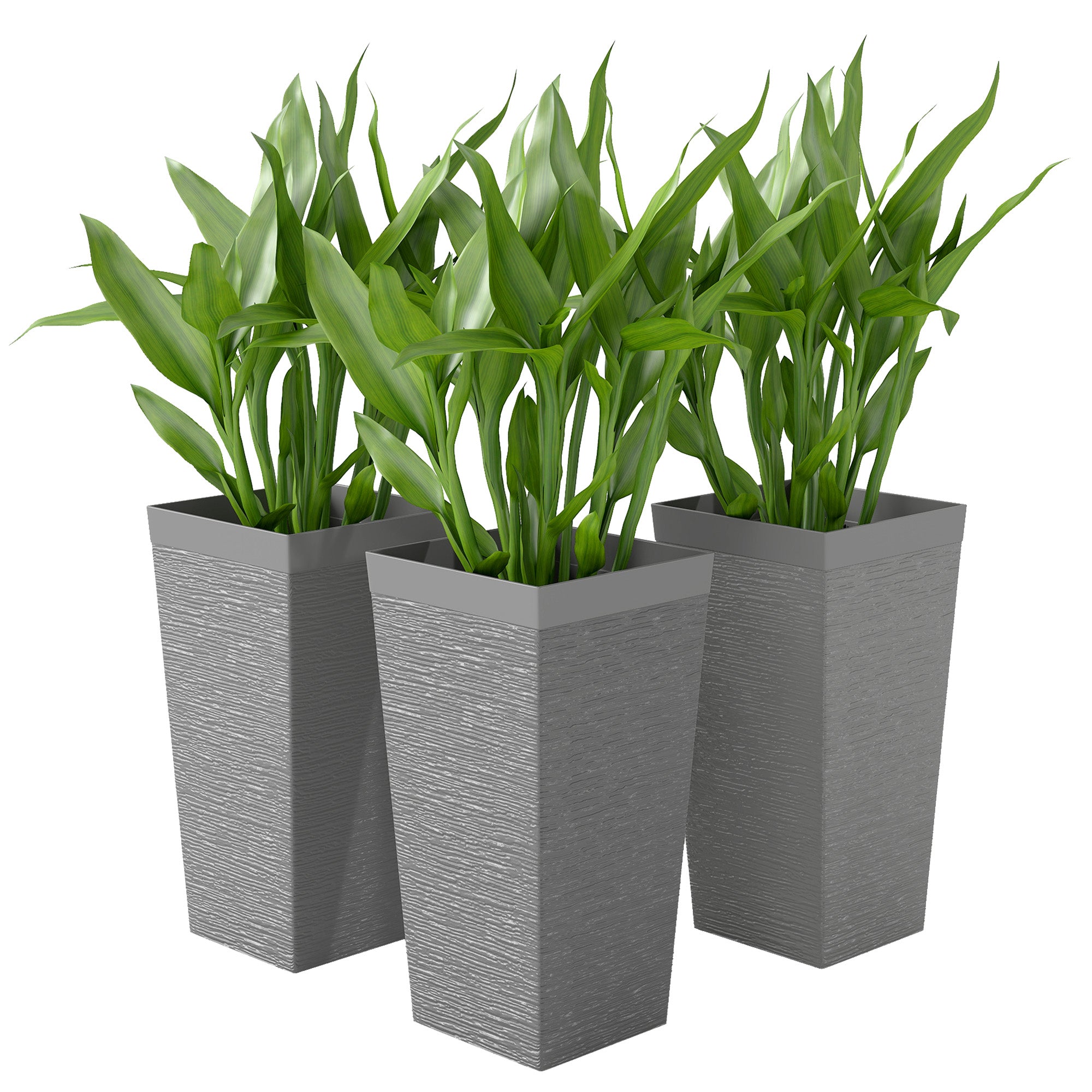 22.8 Inch Set of 3 Outdoor Planters with Stone Finish and Wheels, Stackable Tapered Planters with Drainage Hole, Gray - Gray