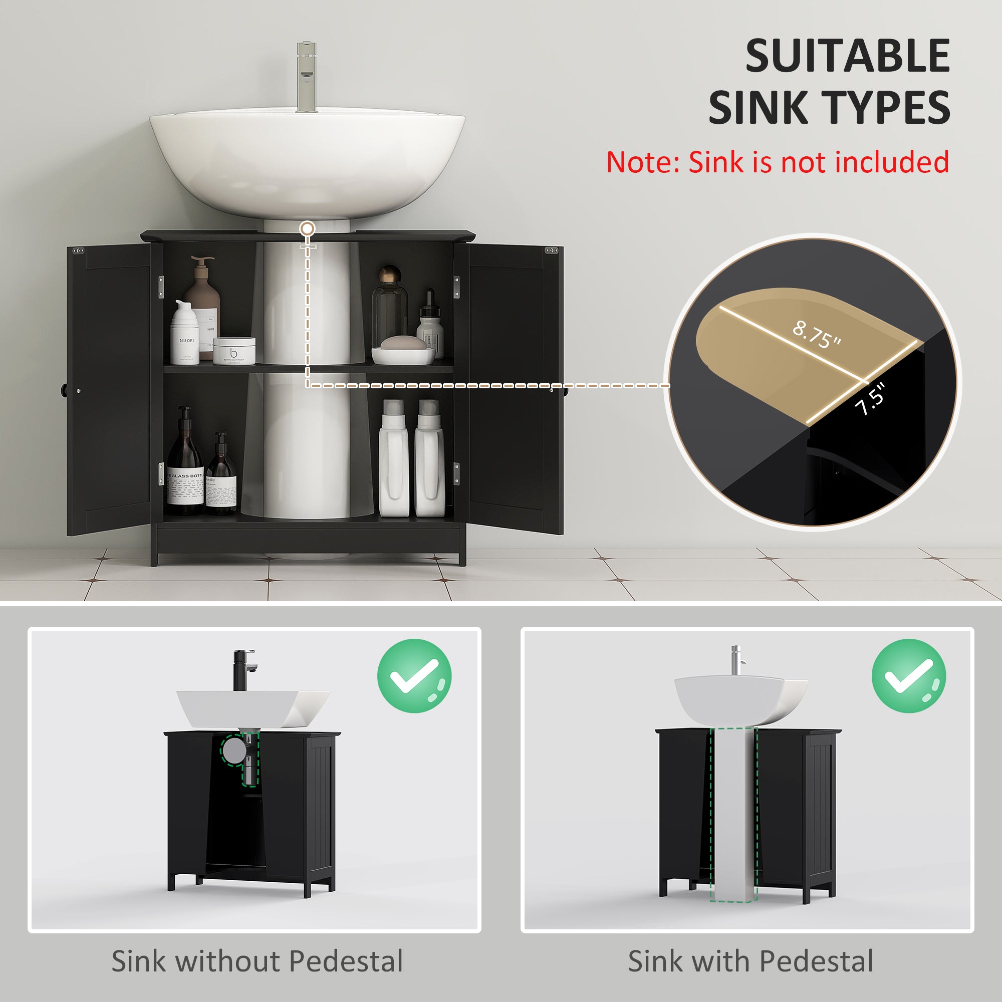 Under Sink Bathroom Cabinet, Pedestal Sink Storage Cabinet with 2 Doors, Shelf and U-Shape, Black