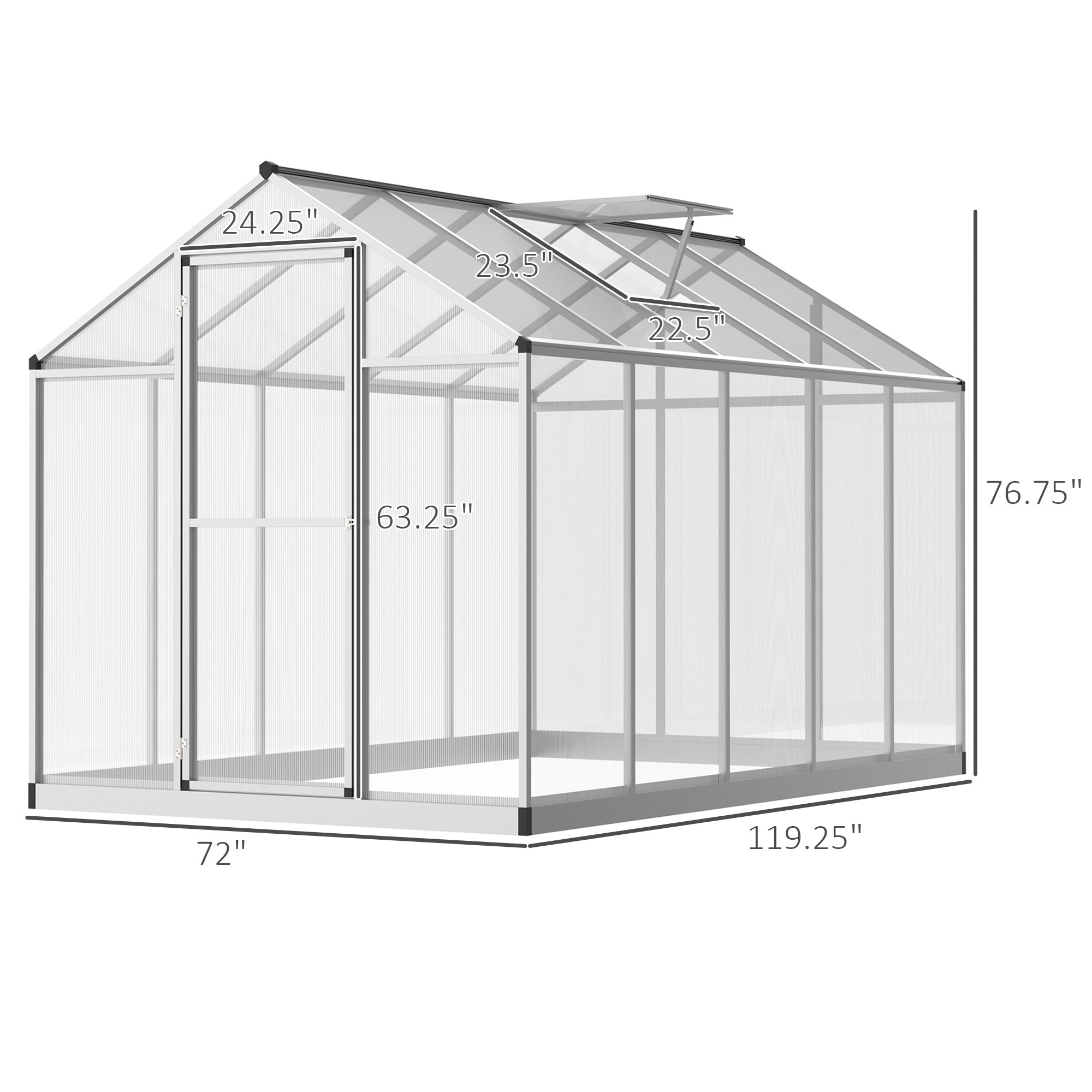 10' L x 6' W Walk-In Polycarbonate Greenhouse with Roof Vent for Ventilation & Rain Gutter for Winter - Silver - Image 3