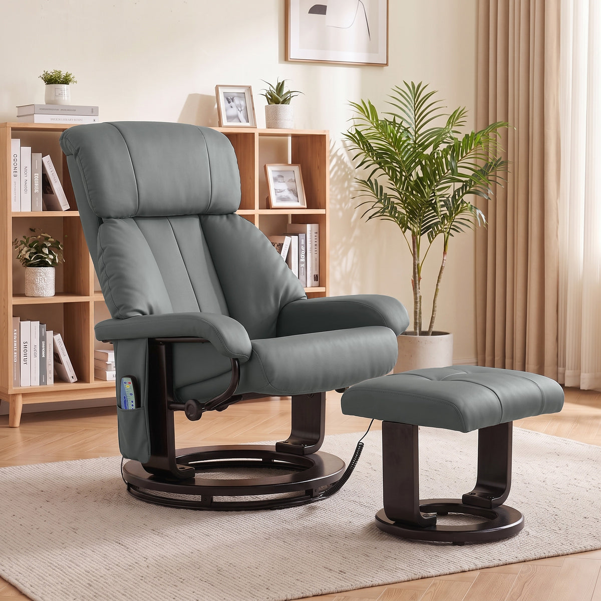 Massage Recliner Chair with Ottoman, 360° Swivel Recliner and Footstool, 10-Point Vibration, Gray