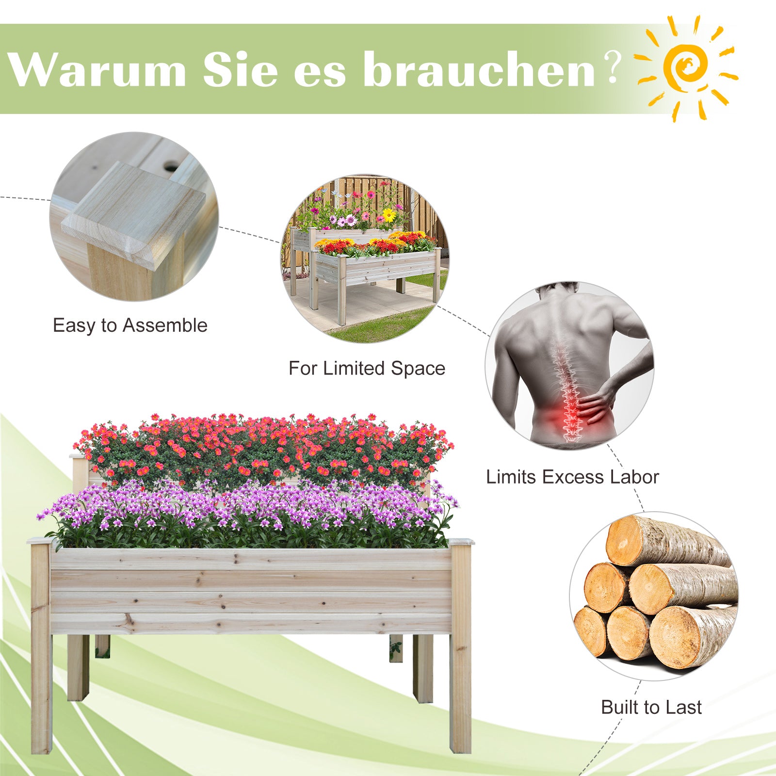 Two-Tier Wooden Elevated Garden Bed with Legs, Large Capacity 45x45 Outdoor Planter for Vegetables, Flowers, and Herbs, Ideal for Gardeners, Natural - Natural Wood Color - Image 4