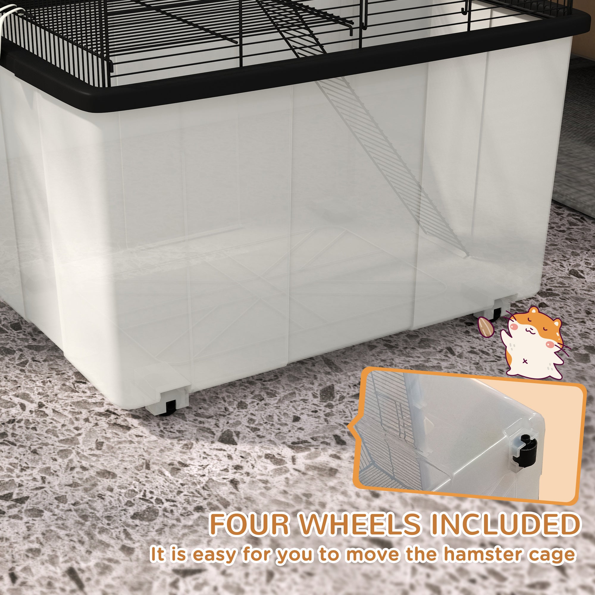 22" 2-Tier Hamster Cage with Extra-Deep 14" Base, Small Animal Cage with Ramp, Water Bottle, Food Dish, Wheels, Black - Black - Image 5