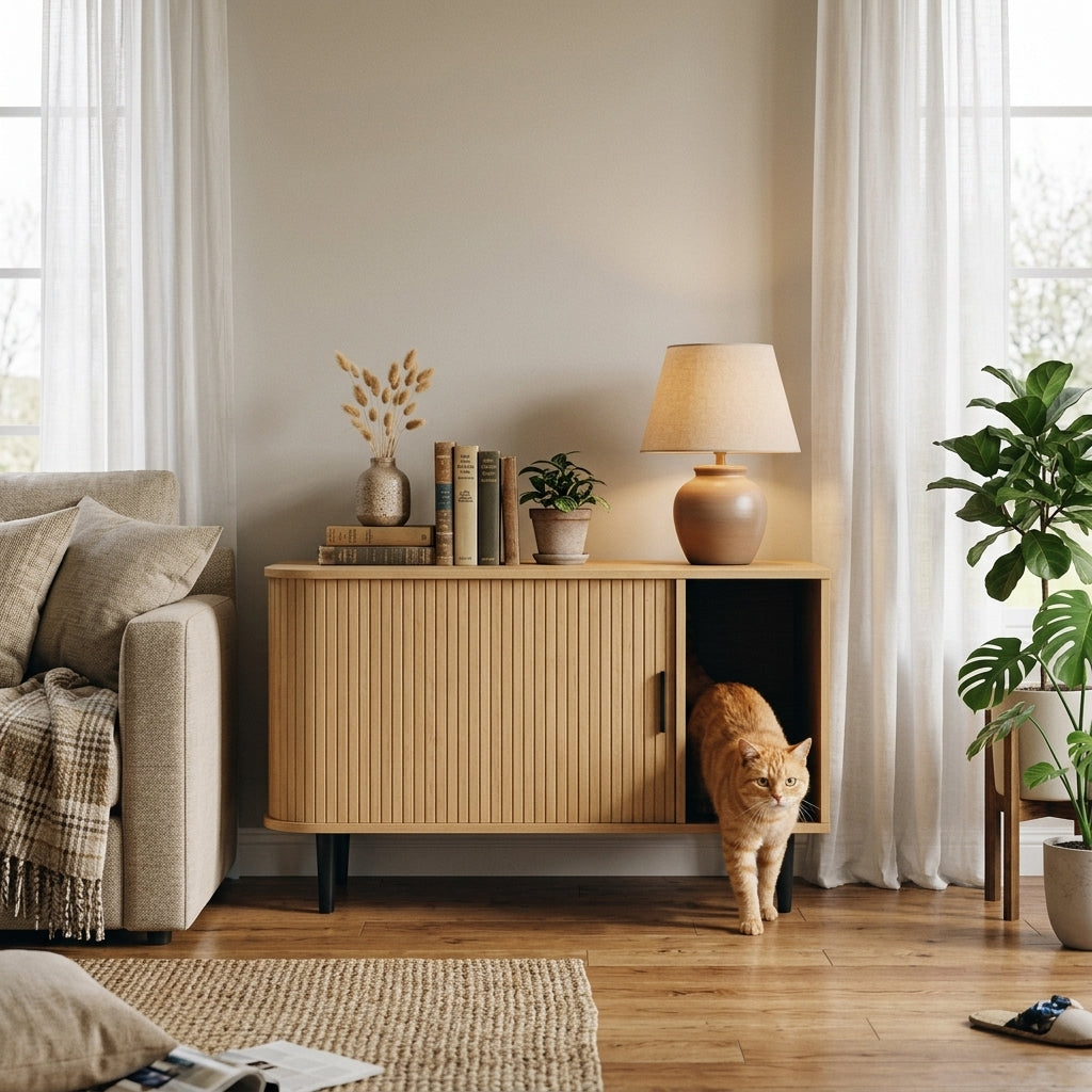 Cat Litter Box Enclosure with Sliding Door, Litter Mat, Modern Cat House, TV Stand, Side End Table for Living Room