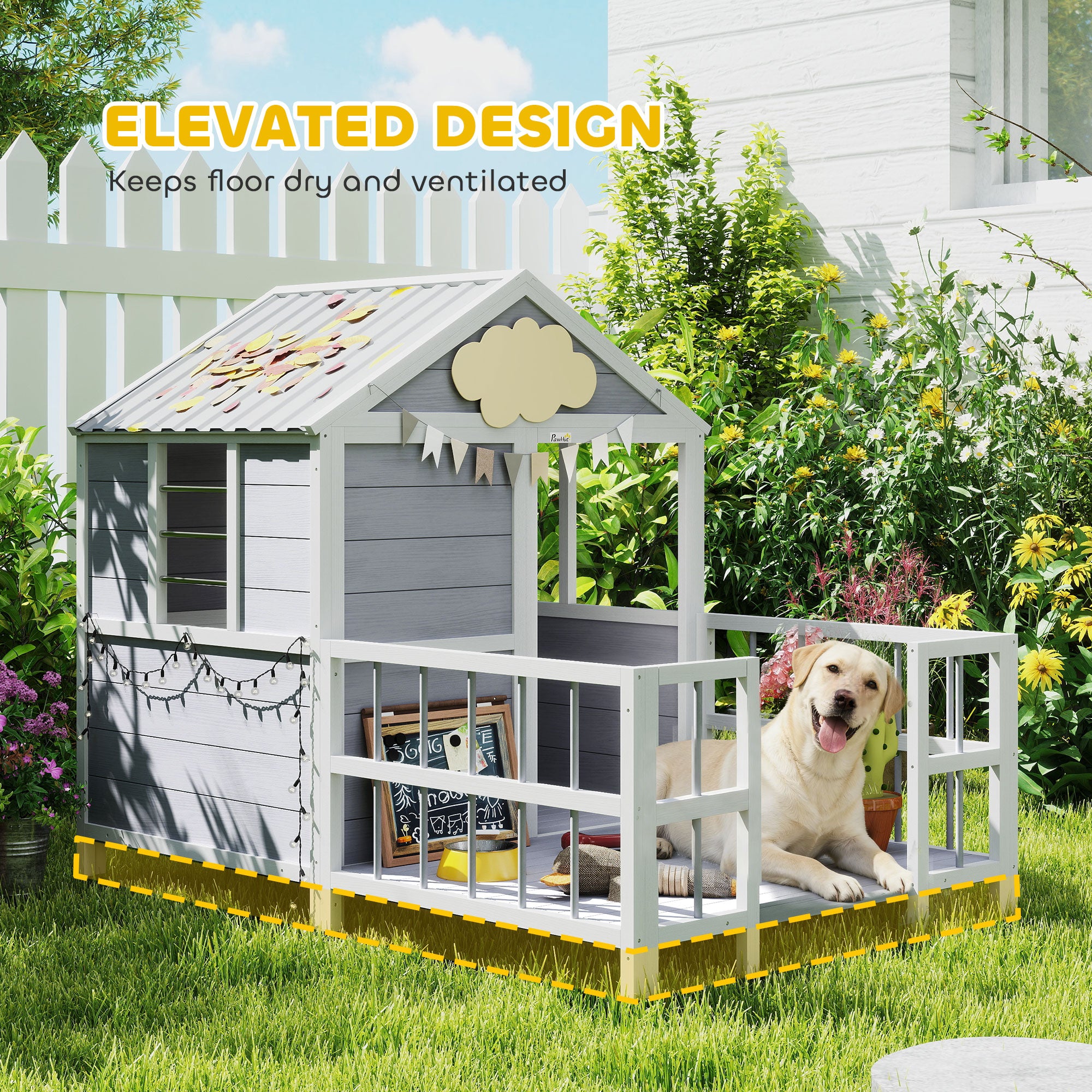 Outdoor Dog House, 61"L Wooden Dog House with Porch, Weatherproof Roof, Elevated Base, Air Vents & Observation Windows - Gray - Image 7