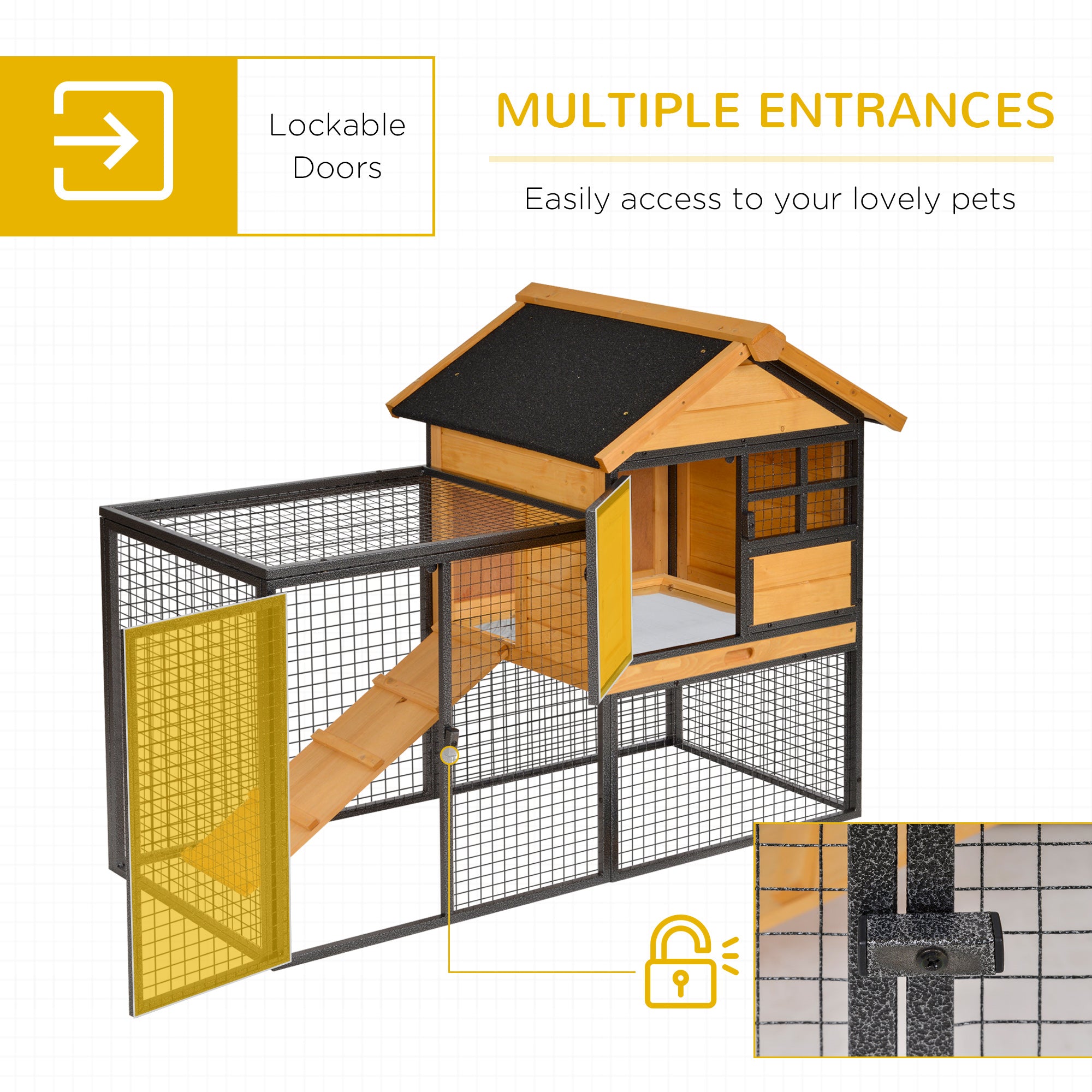 Outdoor Rabbit Cage Elevated Pet House w/ Slide-Out Tray, Natural Wood & Black - Light Yellow - Image 5
