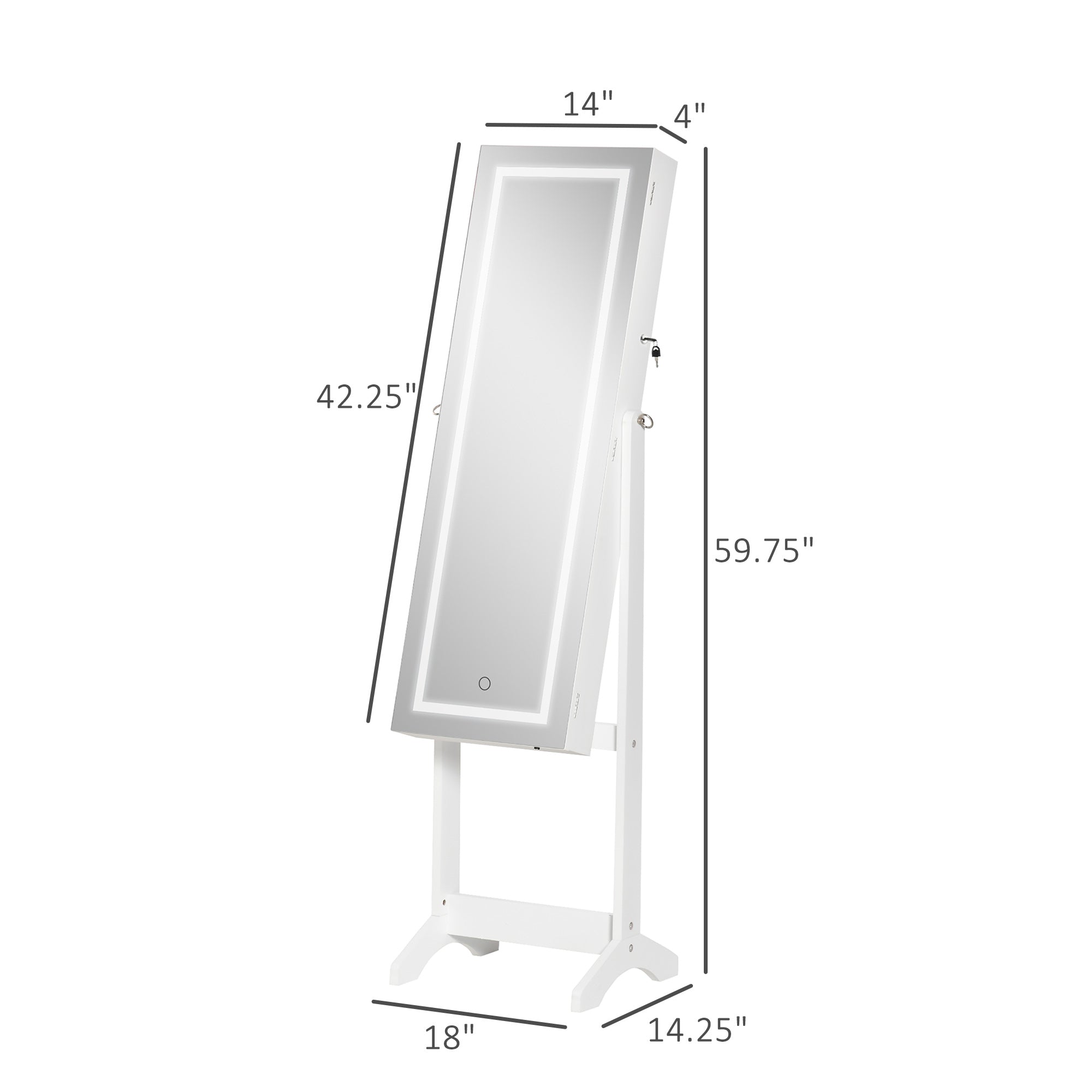 60" Full-Length Mirror Jewelry Storage Armoire w/ Lockable Door & Key, White