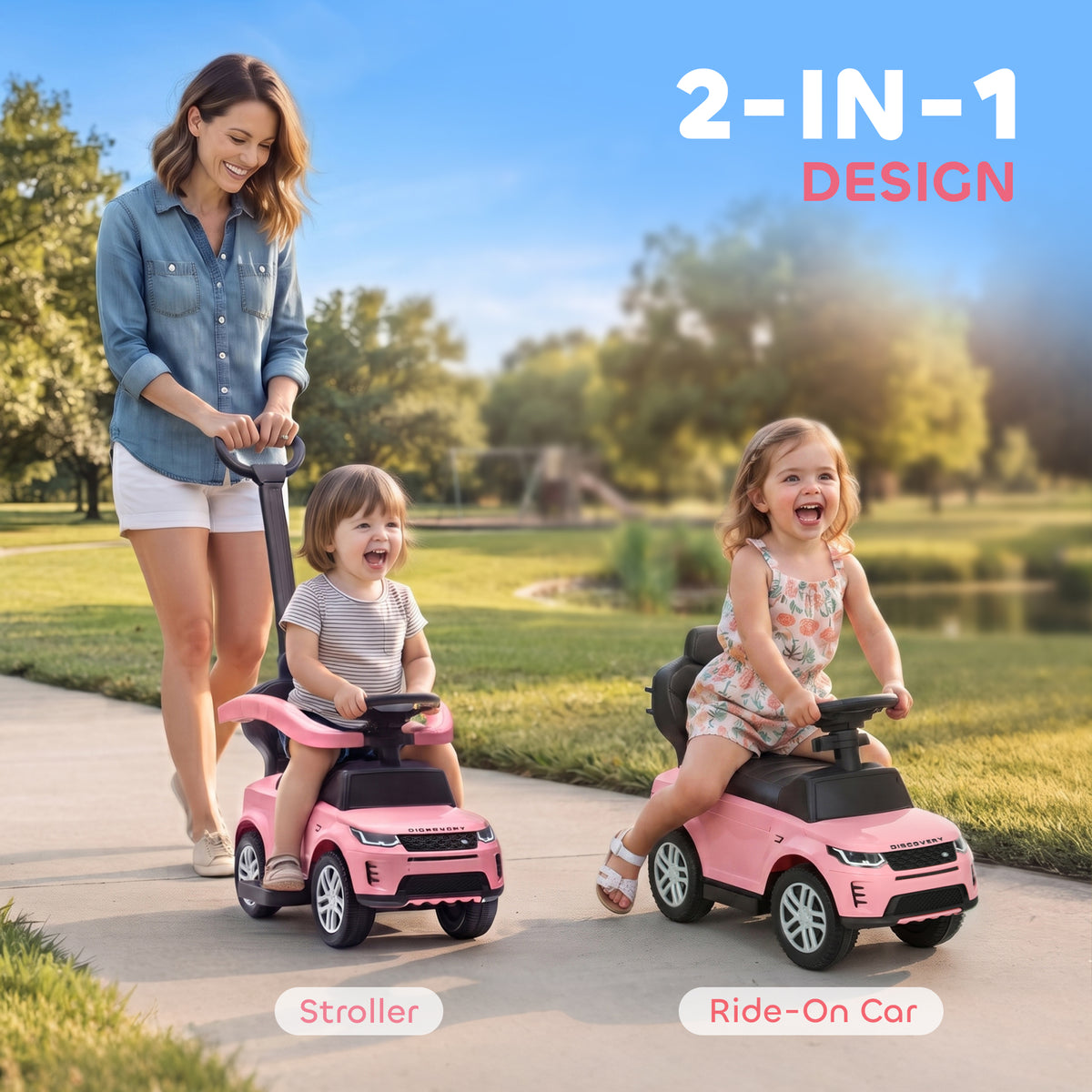 Qaba Land Rover Discovery Licensed Baby Push Car, 2-in-1 Ride on Car with Push Handle and Safety Guardrail, Pink