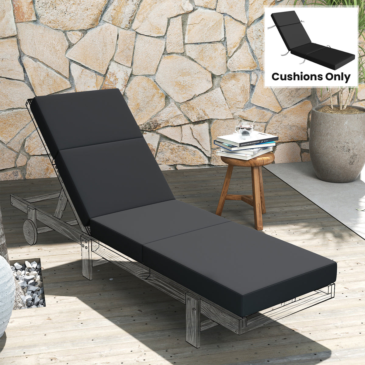 Chaise Lounge Cushion, 4" Thick Outdoor Lounge Chair Cushion with Ties for Patio, 21" x 72", Gray