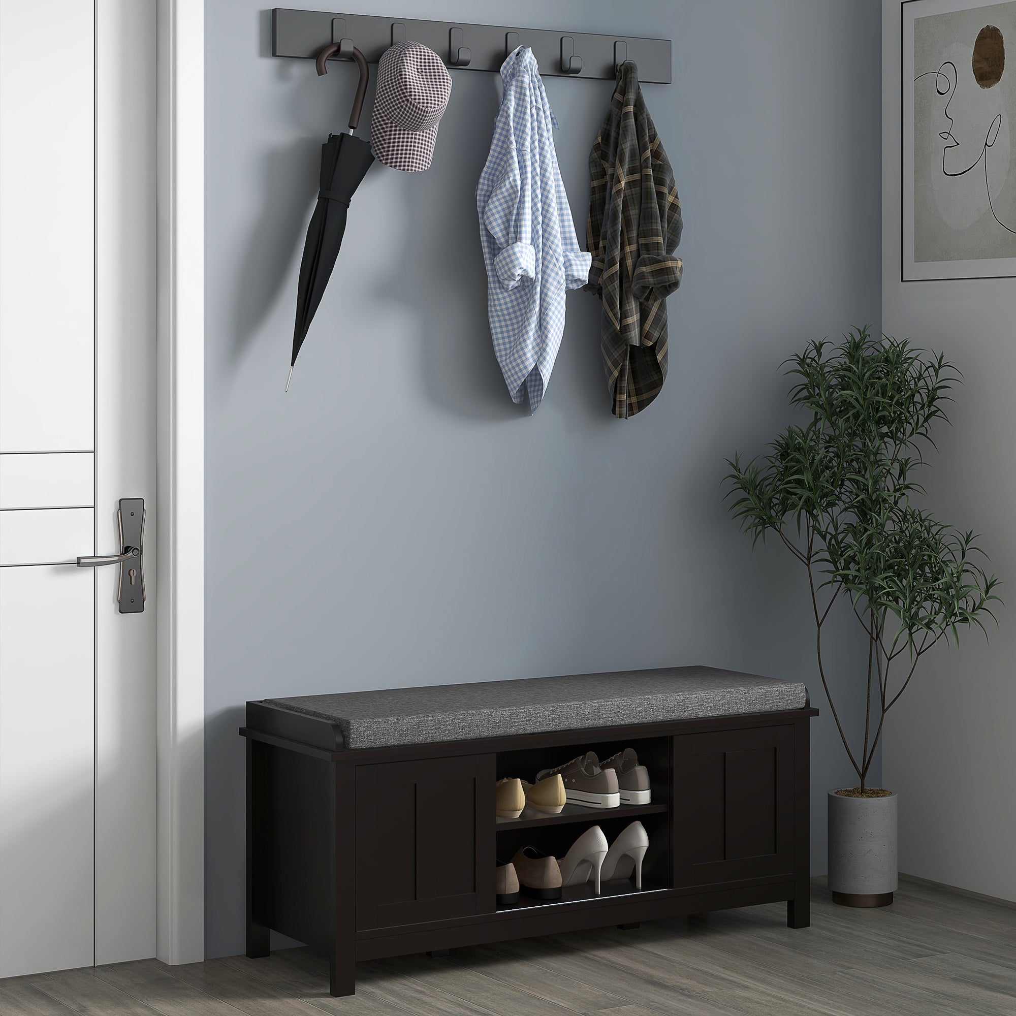 Modern Shoe Storage Bench, Entry Way Bench with Cushion, 2 Sliding Doors, Storage Ottoman Bench, Holds 10 Pairs, Black