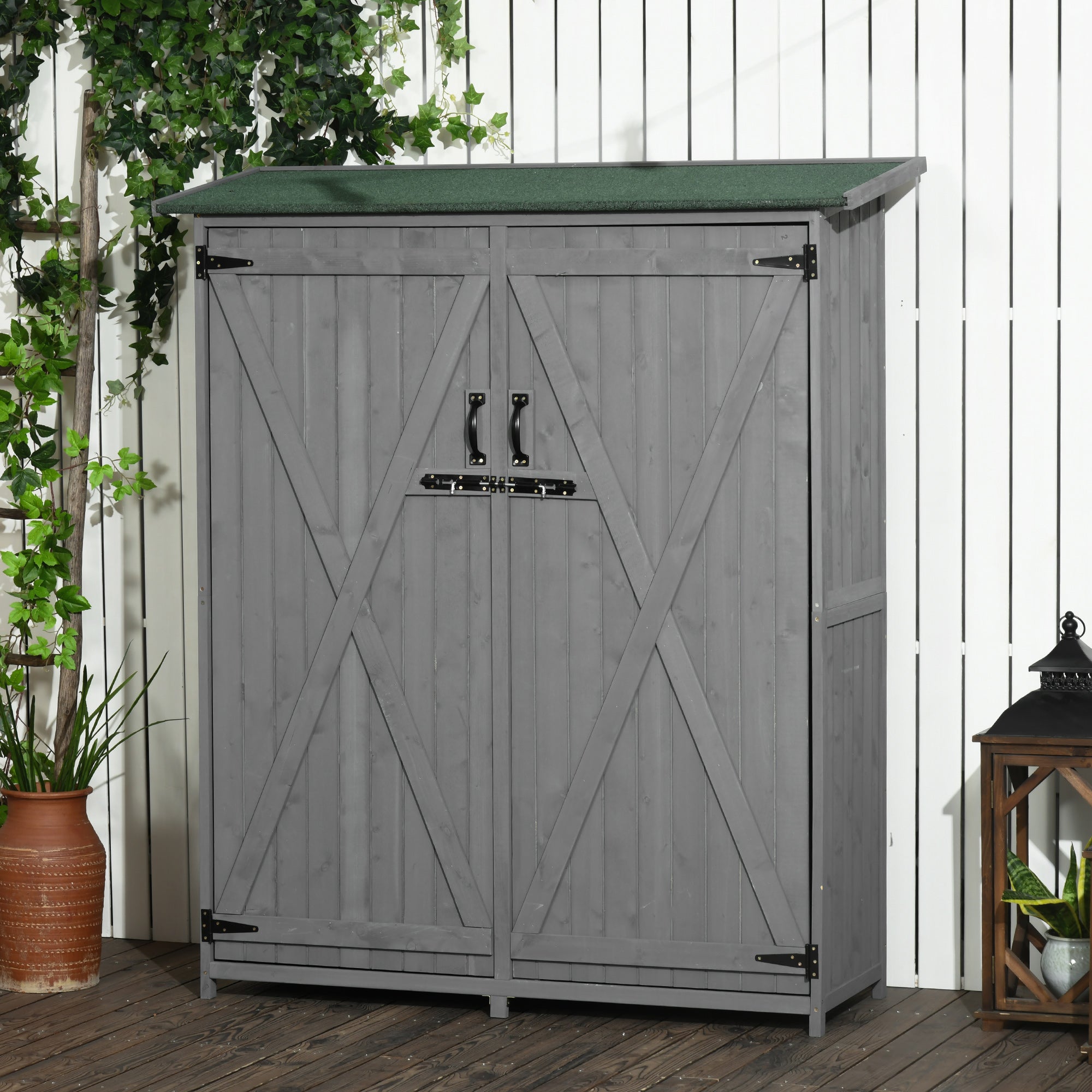 Outdoor Storage Cabinet Wooden Garden Shed Utility Tool Organizer with Waterproof Asphalt Rood, Lockable Doors, 3 Tier Shelves for Lawn, Backyard, Gray - Grey - Image 2