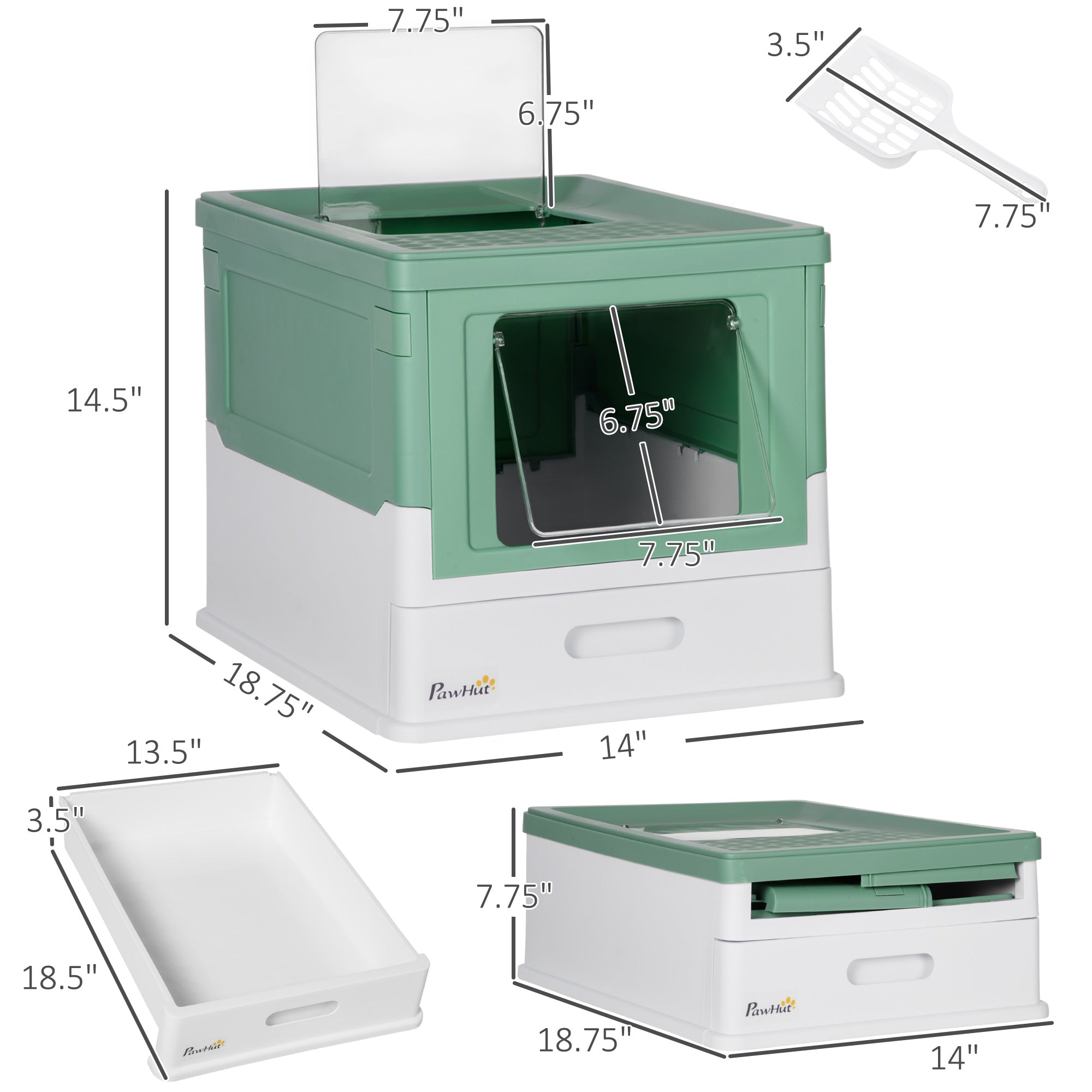 Fully Enclosed Cat Litter Box with Front Entry and Top Exit, Plastic, Green & White - Green - Image 3