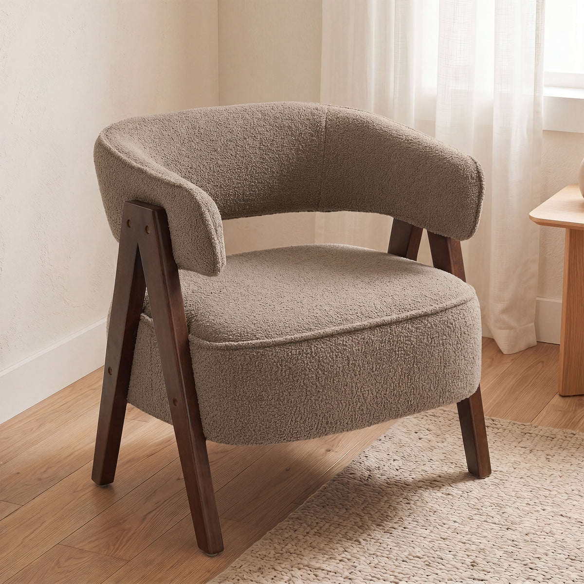 Sherpa Fleece Accent Chair, Upholstered Armchair with Solid Wood Legs for Living Room, Light Brown