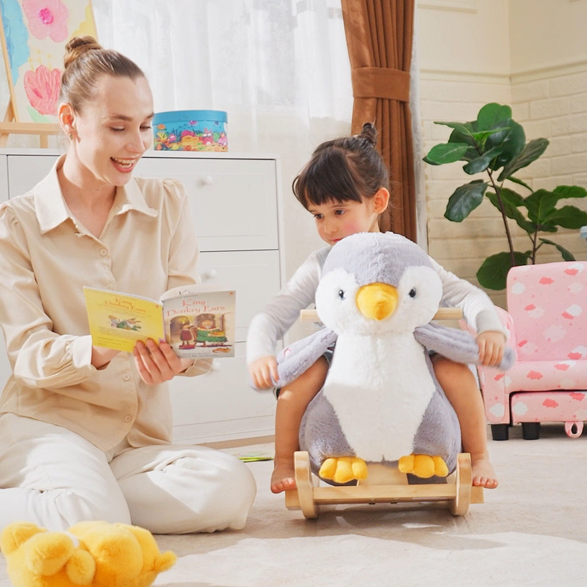 Baby Rocking Horse Gray Penguin, Kid Ride On Toy for 18 Months+, with Music, Seat Belt, for Boys and Girls Gift, Gray