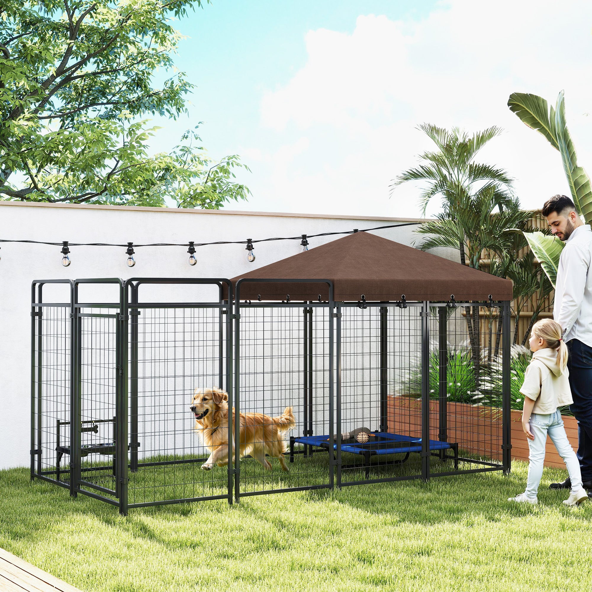 Dog Kennel Outdoor with Waterproof Canopy, Dog Run with Galvanized Chain Link, Secure Lock, for Backyard and Patio, Large and Medium Sized Breeds, Chickens, Ducks, 9.3' x 4.6' x 5.2' - Black - Image 2