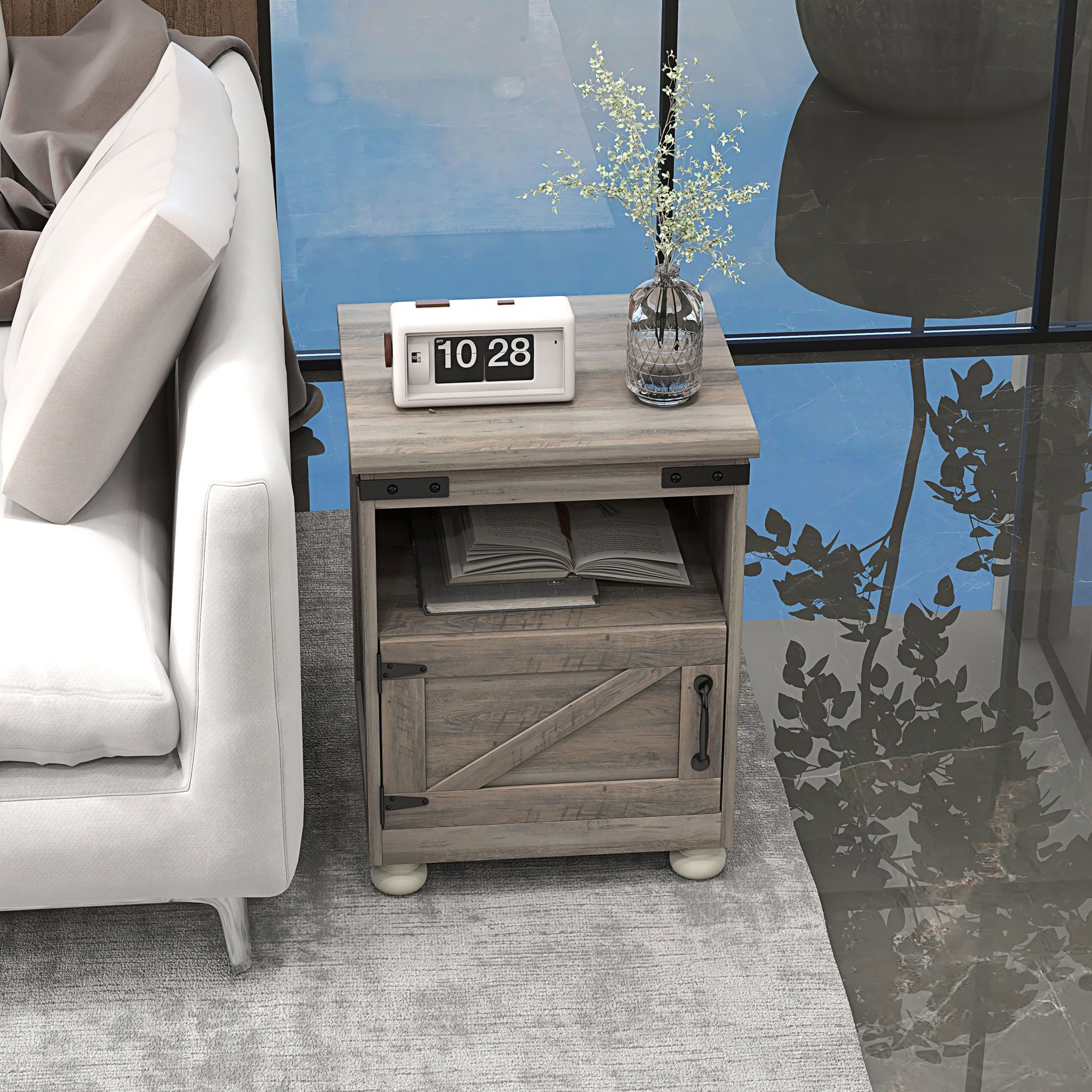 Side Table with Storage, End Table with Open Shelf, Cupboard and Wood Legs, Modern and Farmhouse Style, Gray