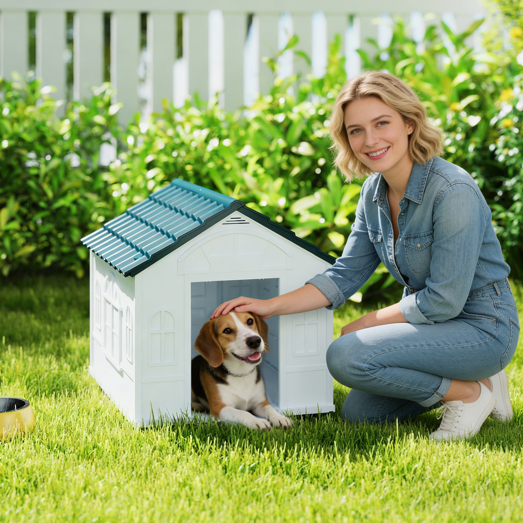Plastic Dog House for Medium and Small Dogs, Water Resistant Puppy Shelter Indoor Outdoor with Door, Easy to Assemble, Blue - Blue - Image 2