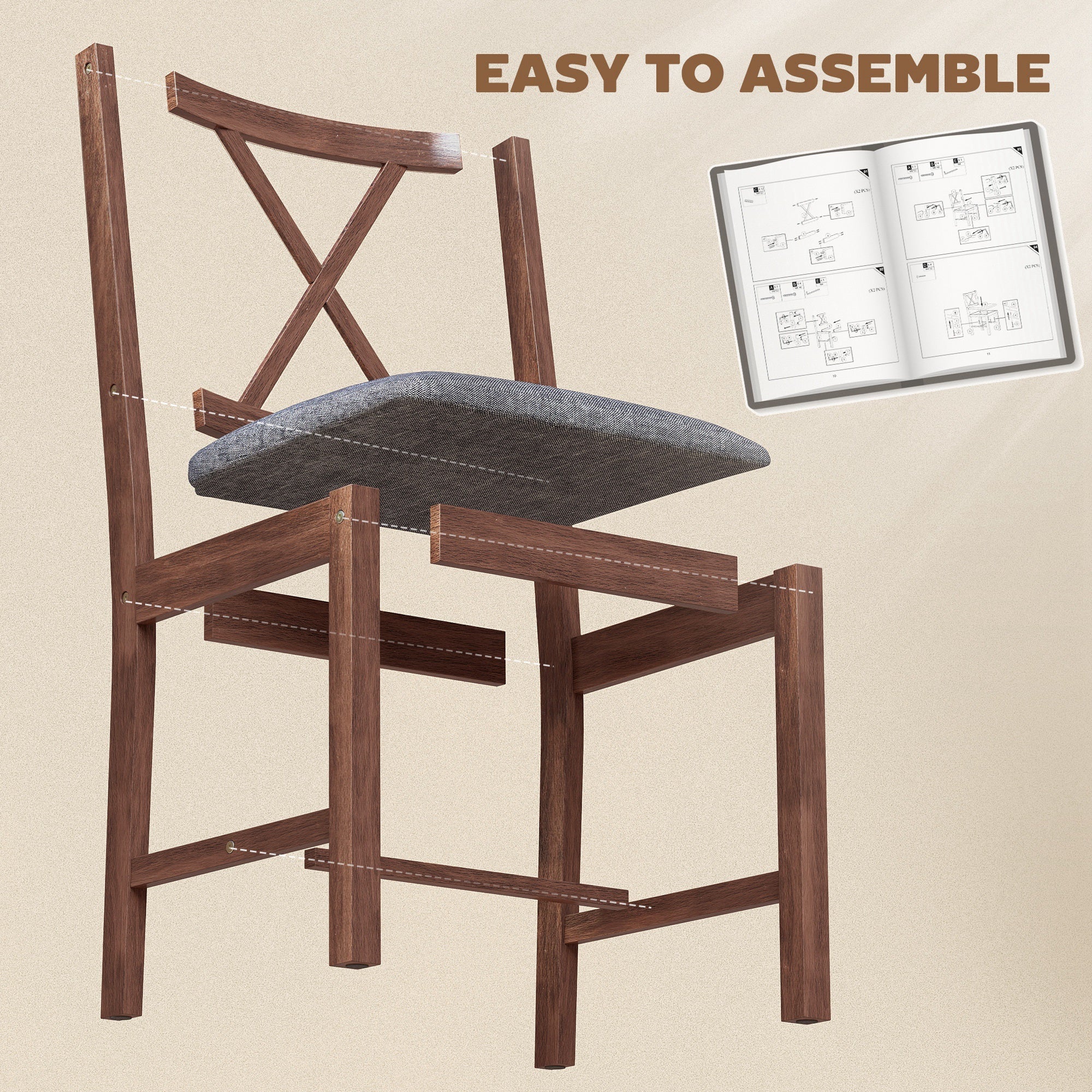 Set of 2 Dining Chairs, Upholstered X-Back Dining Room Chairs with Rubberwood Legs and Padded Seat, Walnut