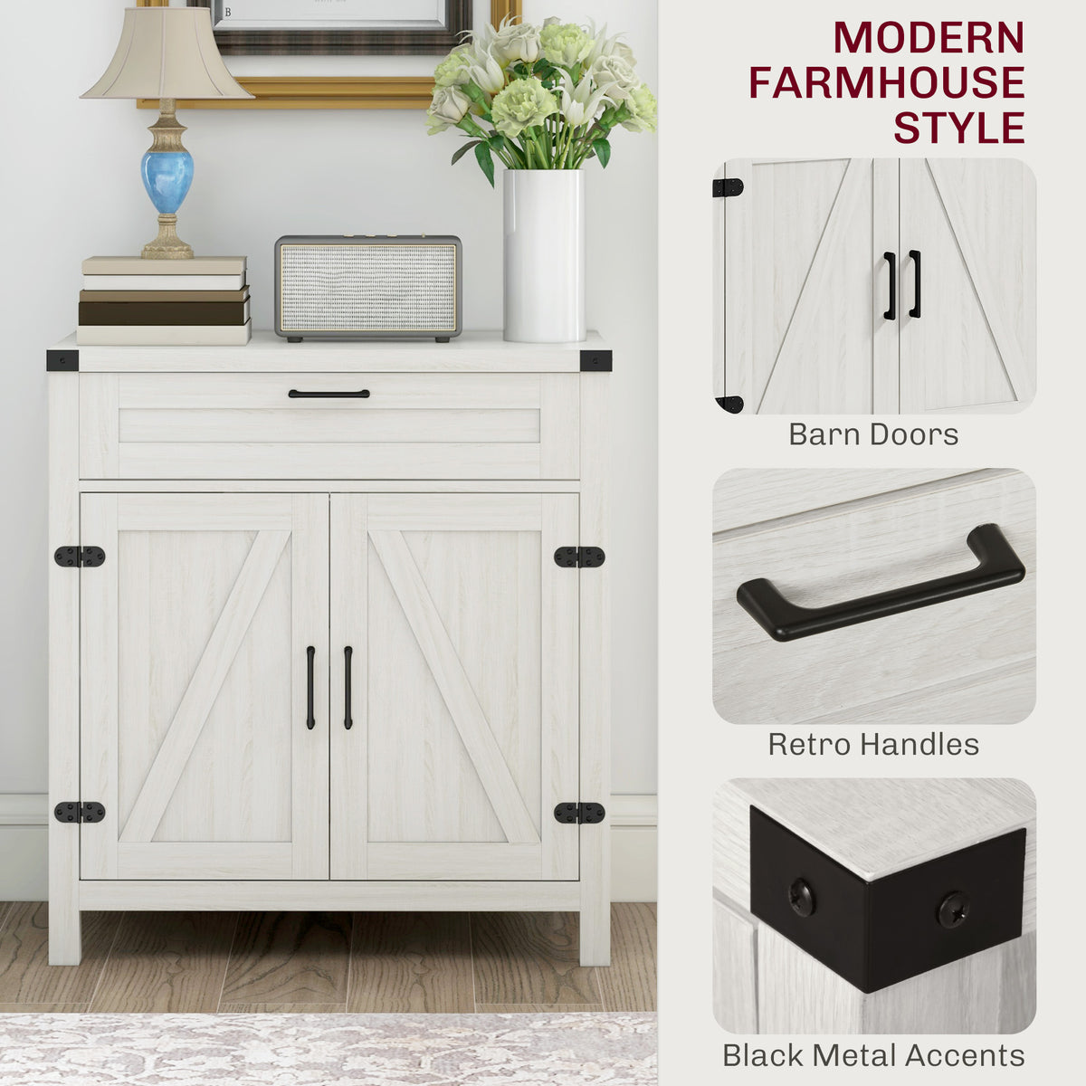 Modern Farmhouse Sideboard with Storage, Buffet Cabinet with 2 Barn Doors and Drawer for Dining Room, White Oak