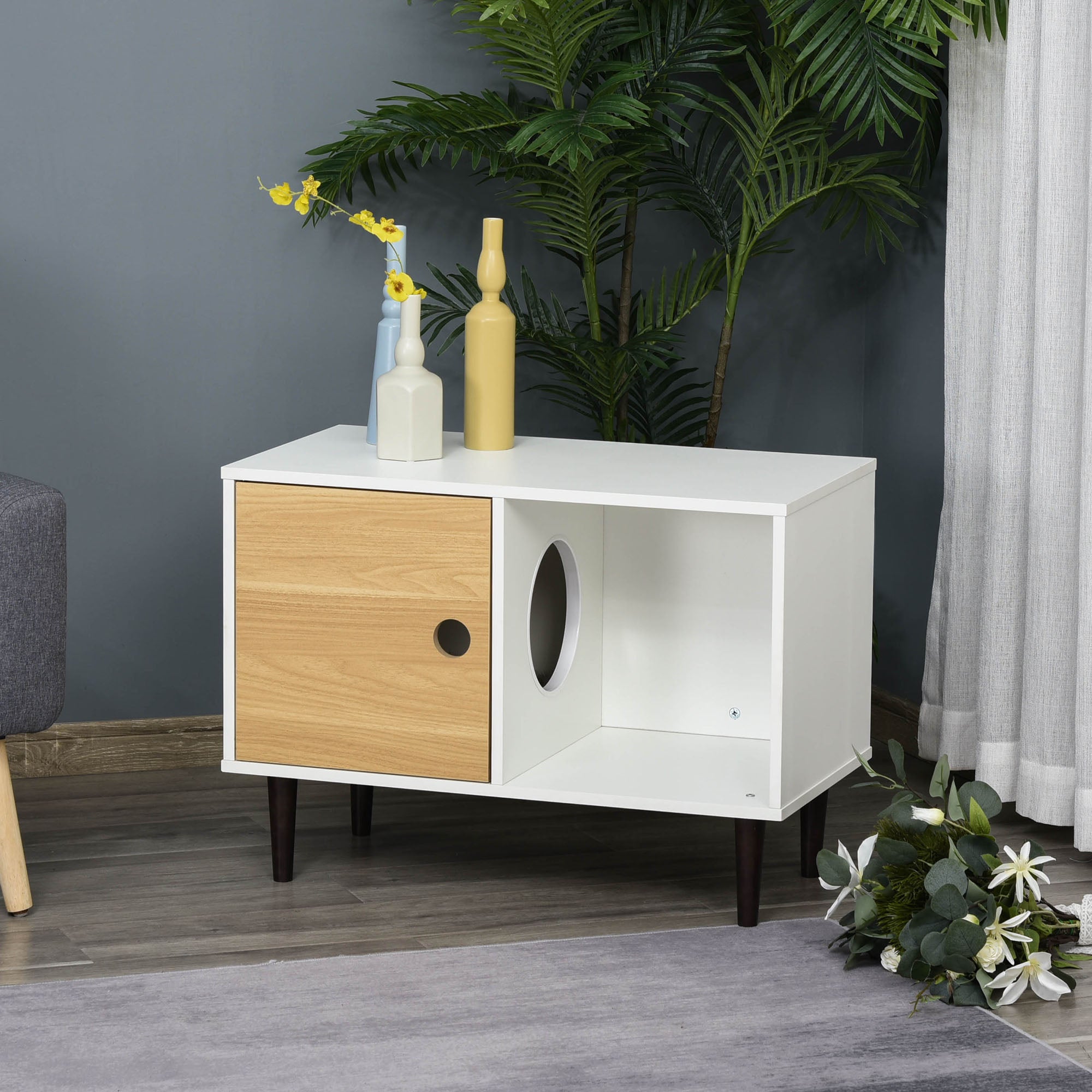 Wooden Cat House with Soft Cushion, Decorative Kitten Condo Side Table, Elevated Pet House with Storage Space - White - Image 2