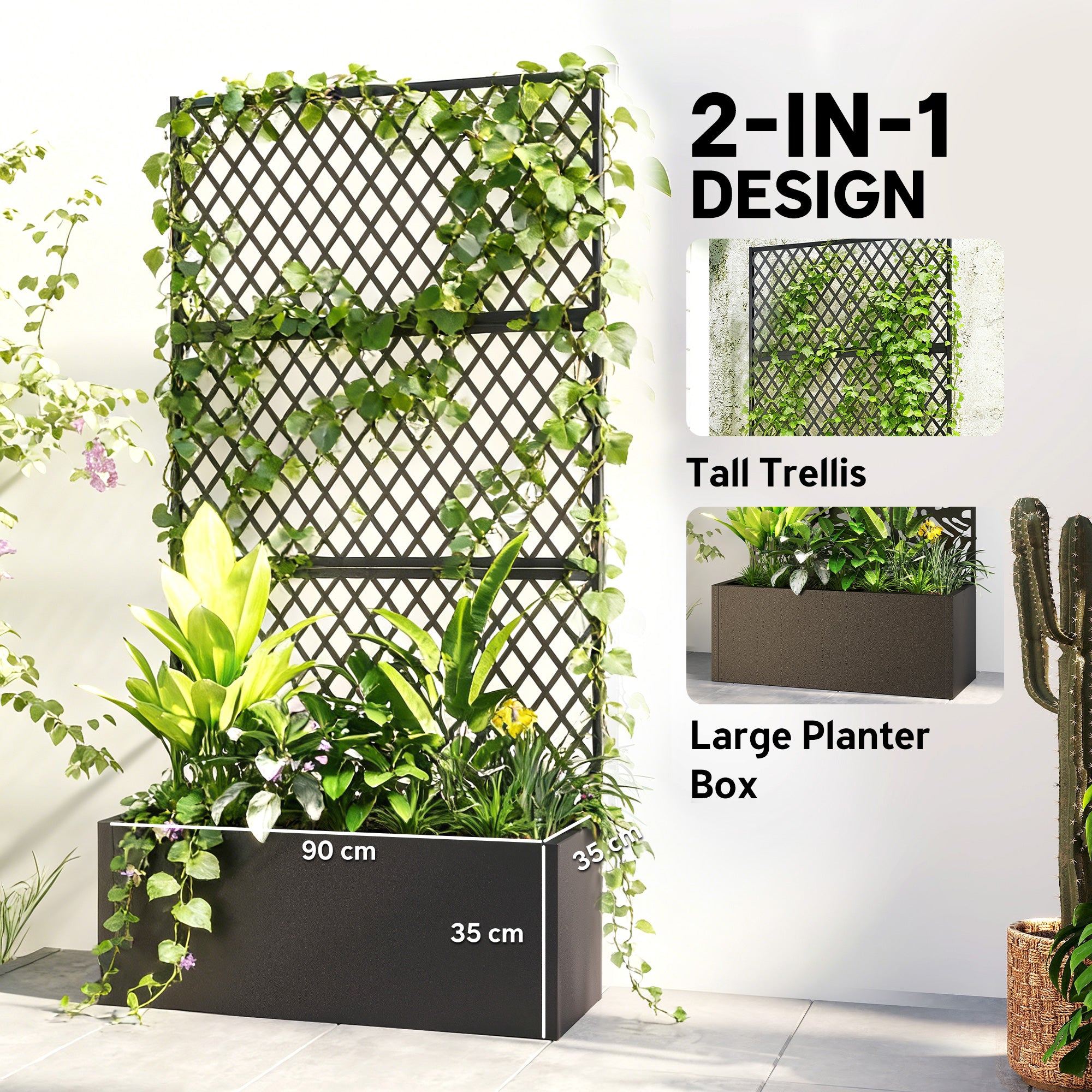 Metal Planter Box with Trellis, Raised Garden Bed with Trellis, Diamond Lattice Privacy Planter for Climbing Plants - Black - Image 4