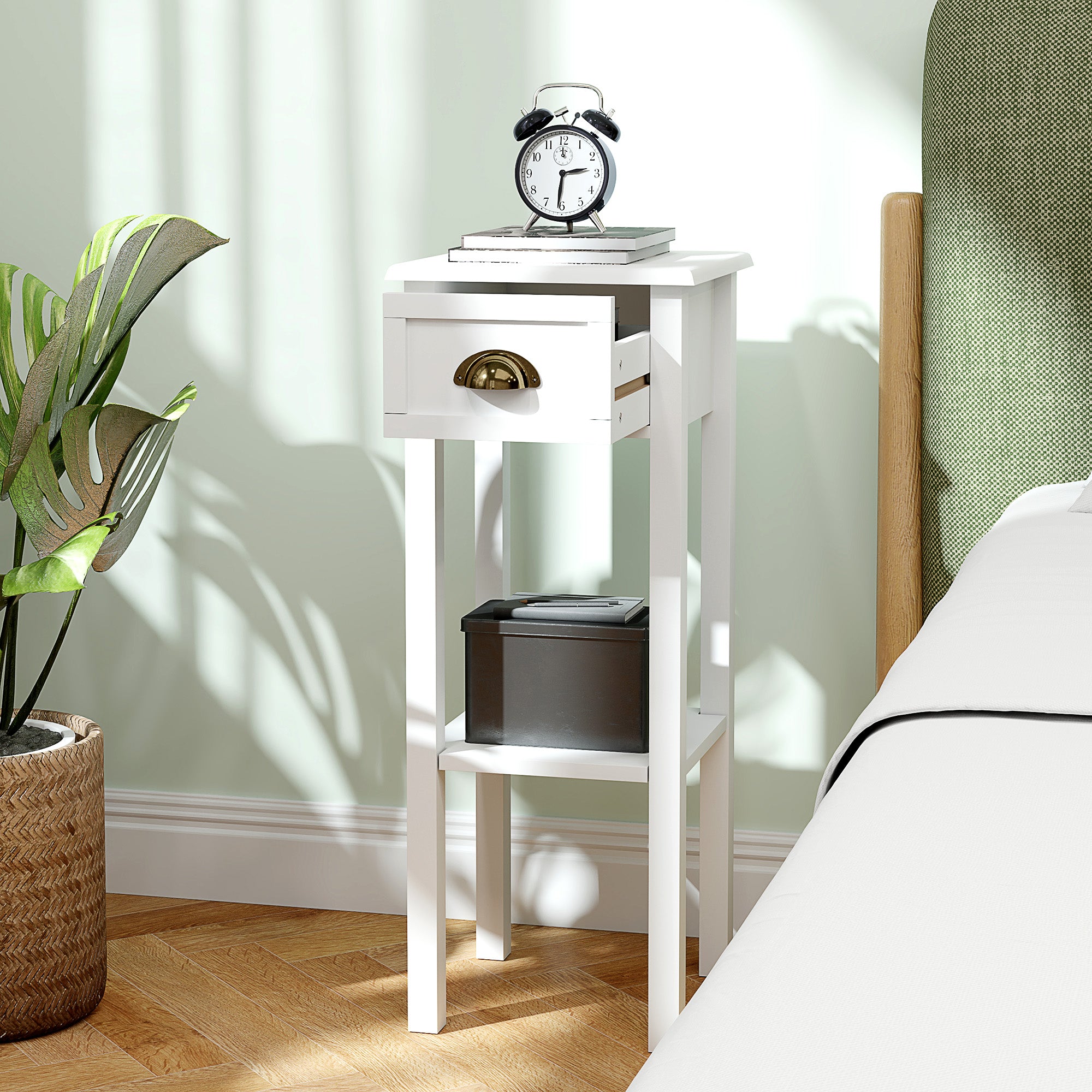 2-Tier Side Tables Set of 2 with Drawer and Shelf, 2 Pieces End Tables for Living Room and Hallway, White