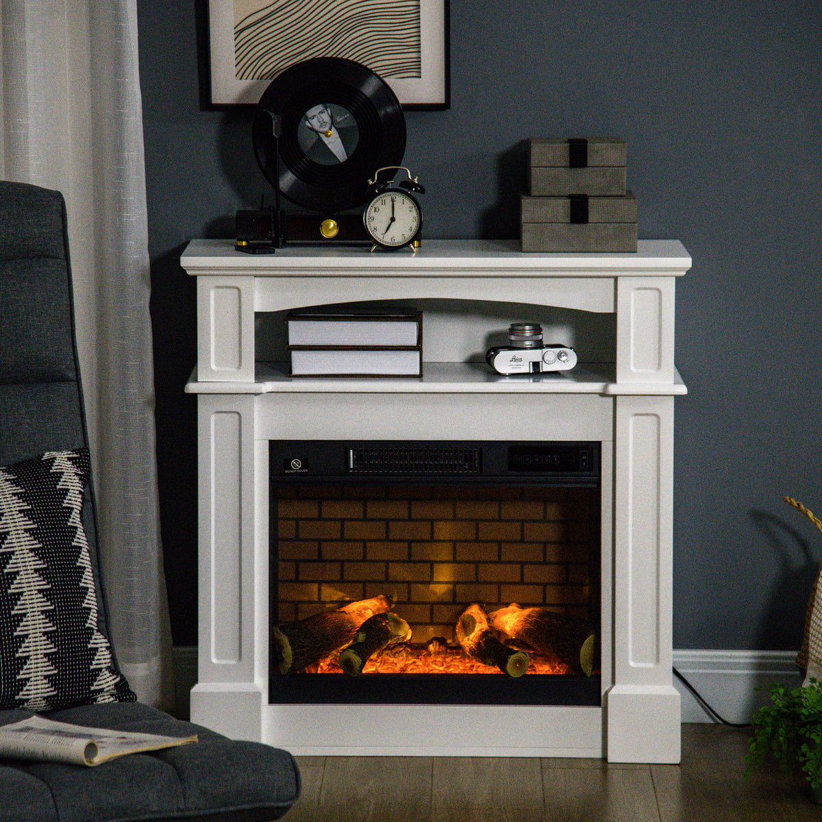 32" Electric Fireplace with Mantel, Freestanding Heater with LED Log Flame, Shelf and Remote Control, 1400W, White