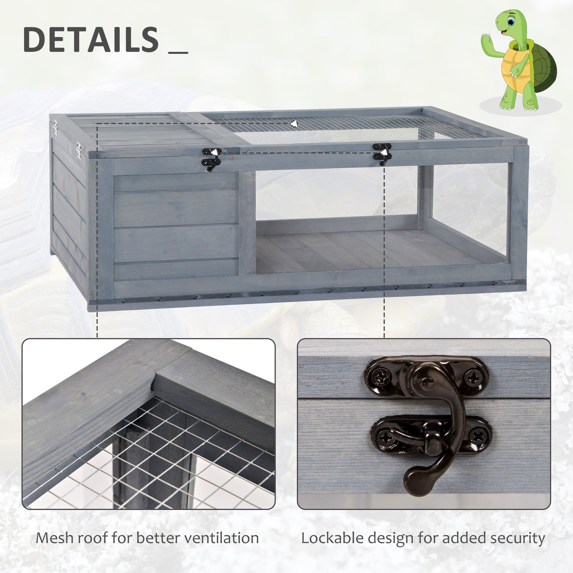 Wooden Reptile Cage with 3 Windows Slide-out Tray for Turtles, Lizards, Snakes - Grey - Image 6