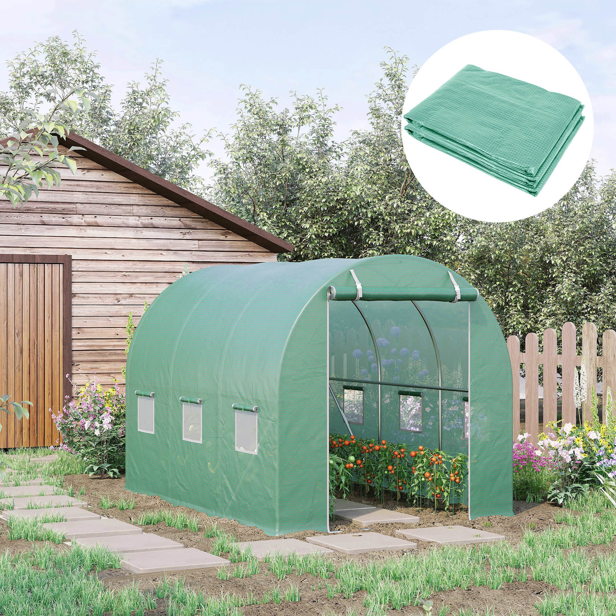 9.8' x 6.6' x 6.6' Plastic Greenhouse Cover Replacement, Heavy Duty Waterproof Tarp for Hoop House, Sheeting with 6 Windows, Door & Reinforcement Grid, Green - green - Image 2