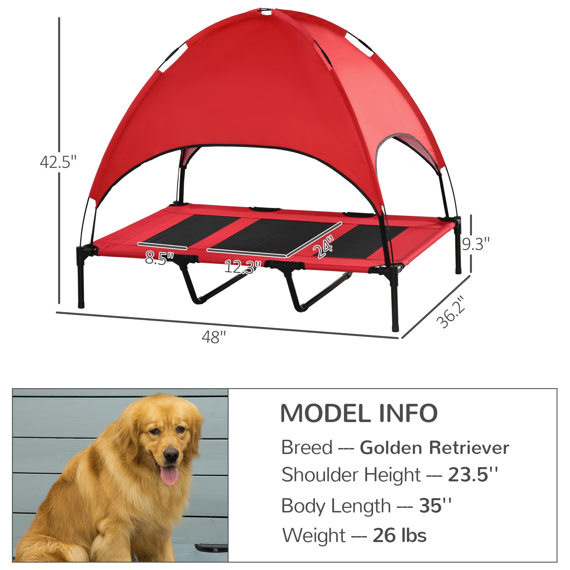 48" x 36" Elevated Portable Dog Cot Cooling Pet Bed with UV Protection Canopy Shade, Red - Red - Image 3