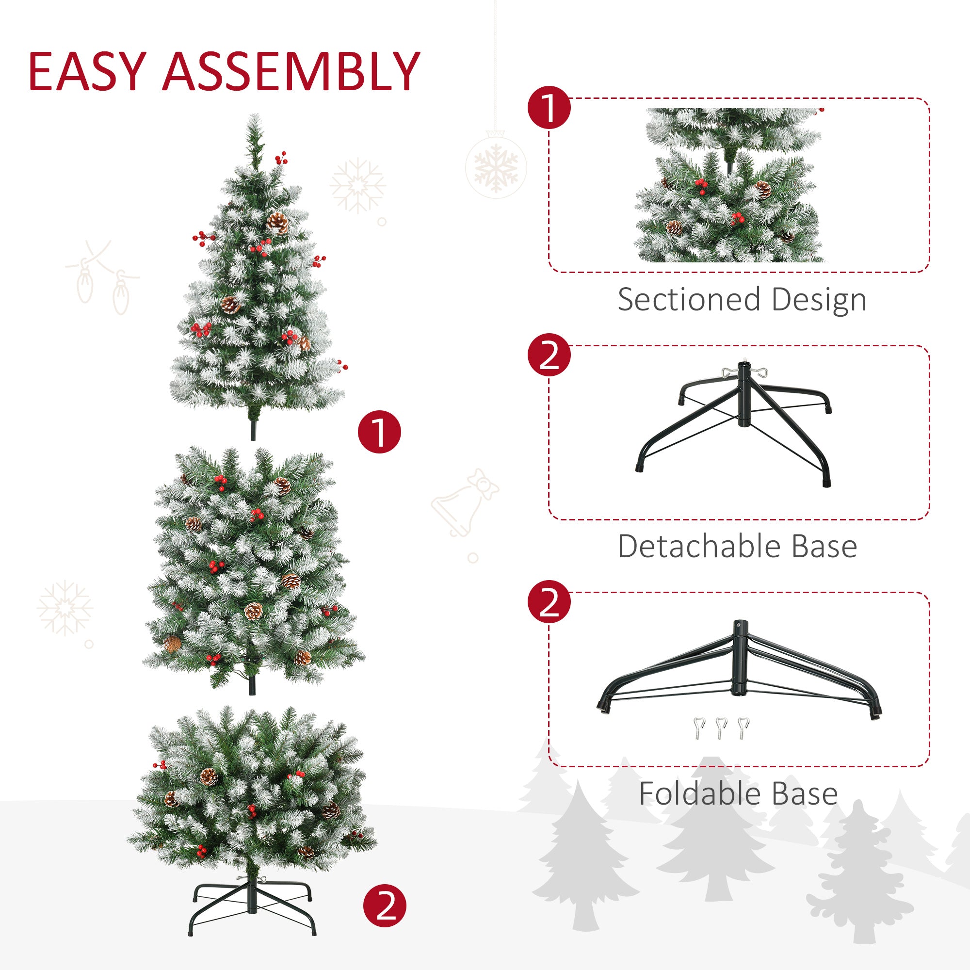 6ft Pre-Lit Snow-Dipped Artificial Christmas Tree with Realistic Branches, 300 LED Lights, Pine Cones, Red Berries and 618 Tips