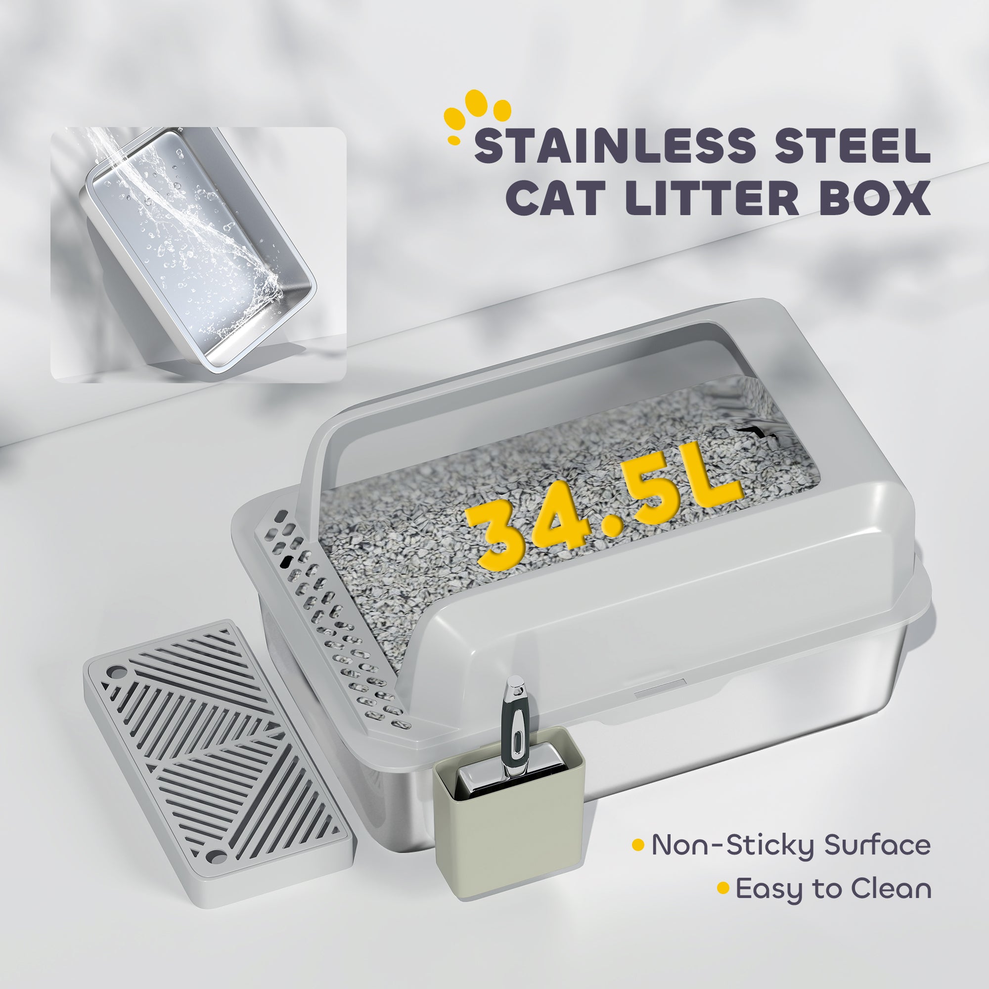 Stainless Steel Litter Box with Metal Scoop & Scoop Holder, High Sided, Anti-Urine Leakage, Non-Sticky - Light Gray - Image 5