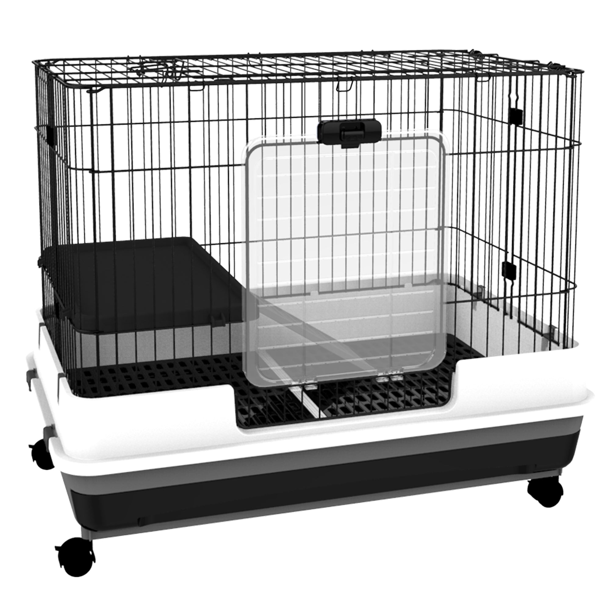 2-Level Small Animal Cage Rabbit Hutch with Wheels, Removable Tray, Platform and Ramp for Bunny, Chinchillas, Ferret, Black - Black