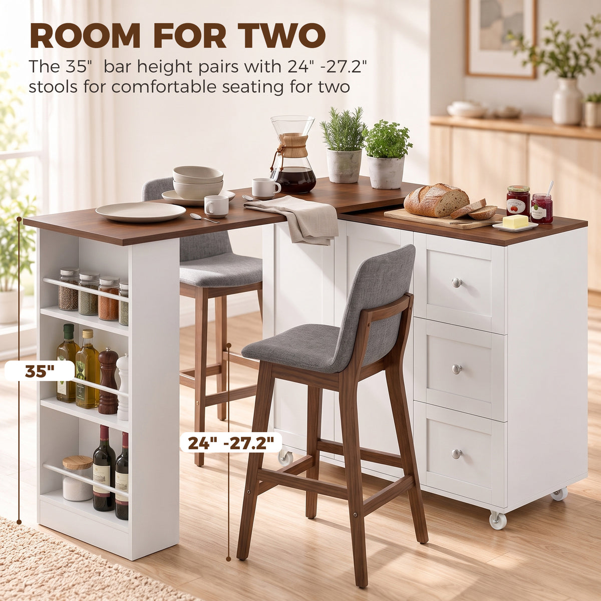 Bar Table with Storage Counter Height Table 3 Drawers Side Shelves, Walnut and White