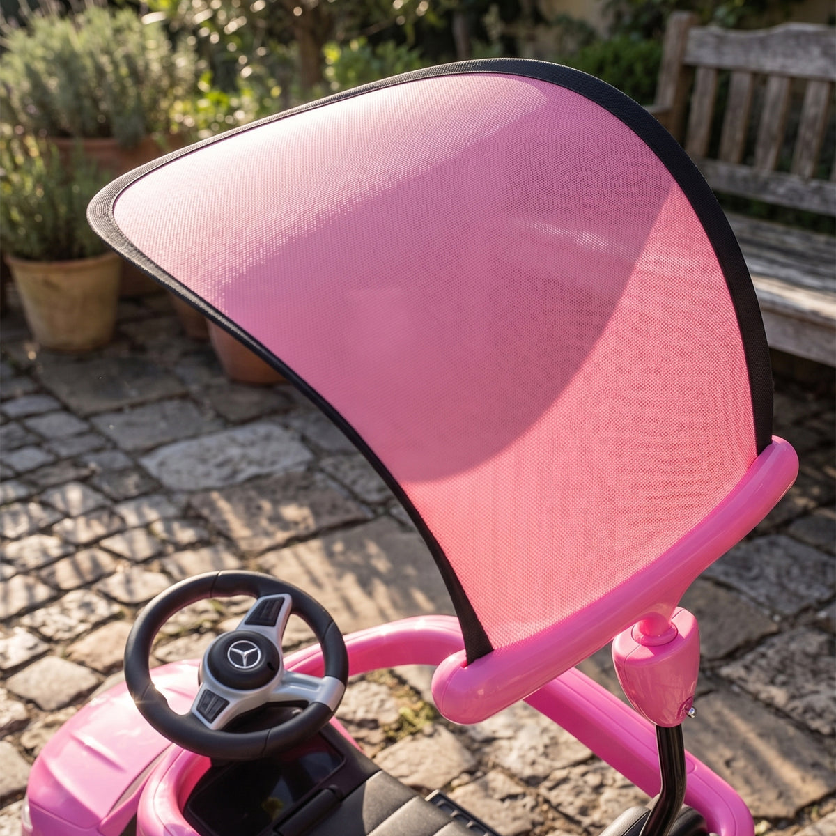 Qaba 3 in 1 Toddler Push Car Licensed Benz with Push Handle, Guardrails, Canopy, Horn, Music, Storage for 18-36 Months, Pink