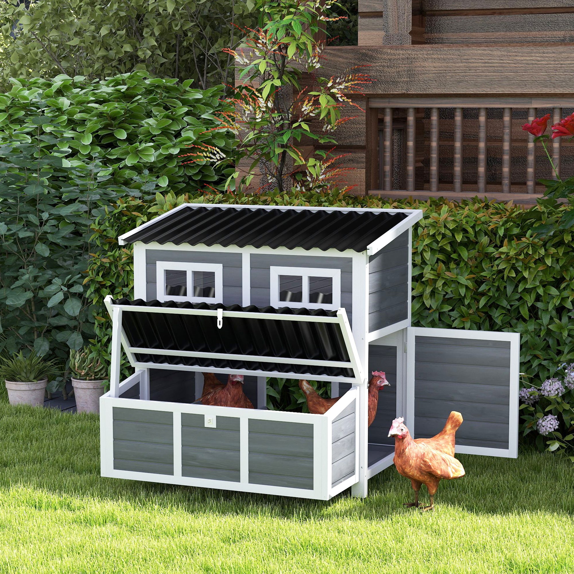 Wooden Chicken Coop with Nesting Box, Pull-Out Tray, Waterproof Roof, 39" Chicken House for 4-6 Chickens, Rabbits - Light Gray - Image 2