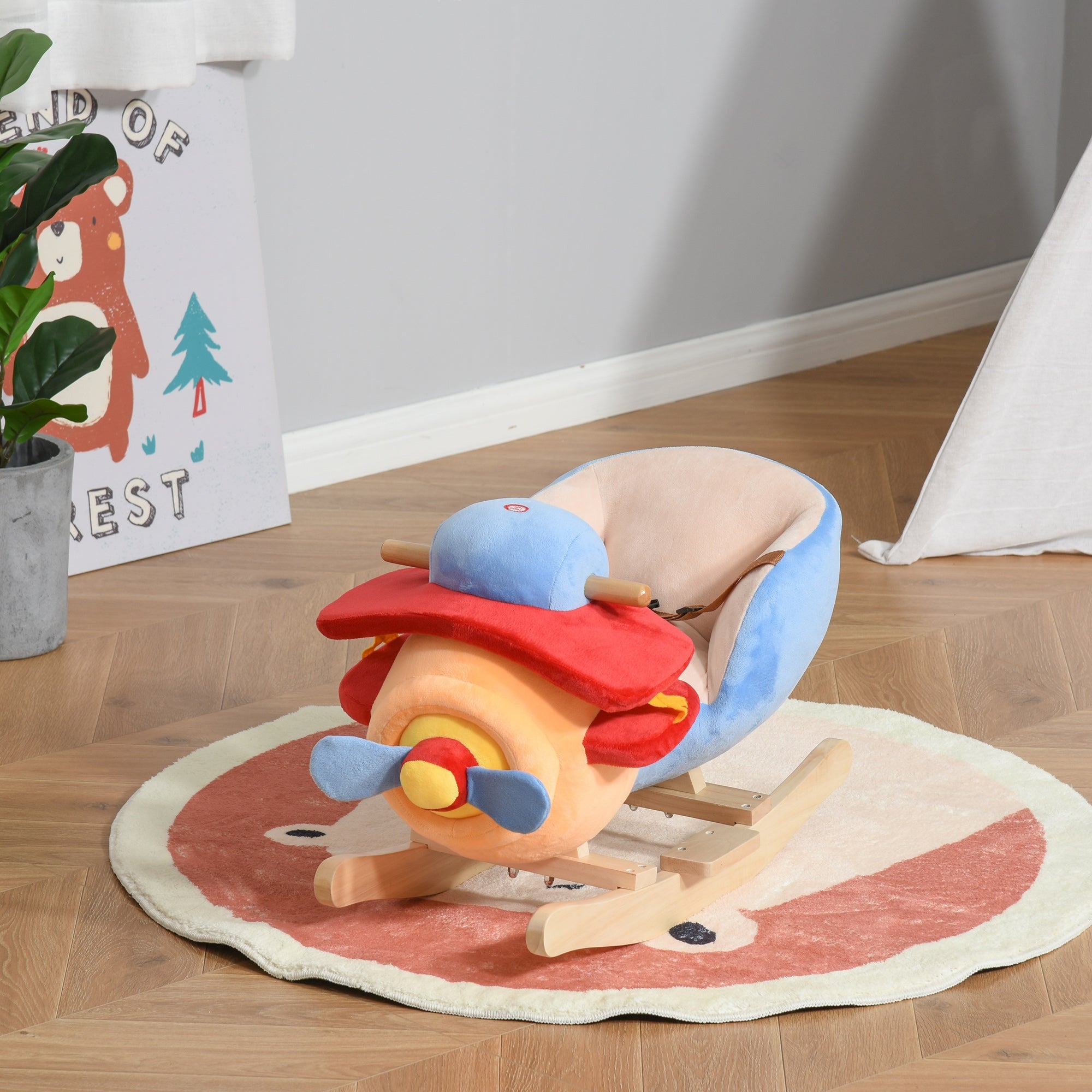 Kids Rocking Horse, Wooden Plush Ride-on Plane Chair Toy with Lullaby Song and Seat Belt for 18 Month +