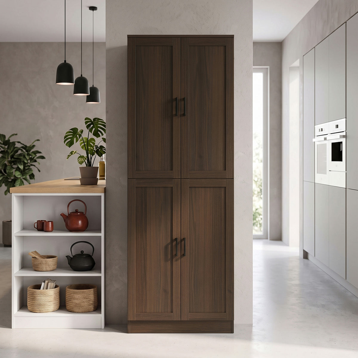 Freestanding Kitchen Pantry, 4-Door Kitchen Pantry Cabinet with Adjustable Shelves and Doors, Brown