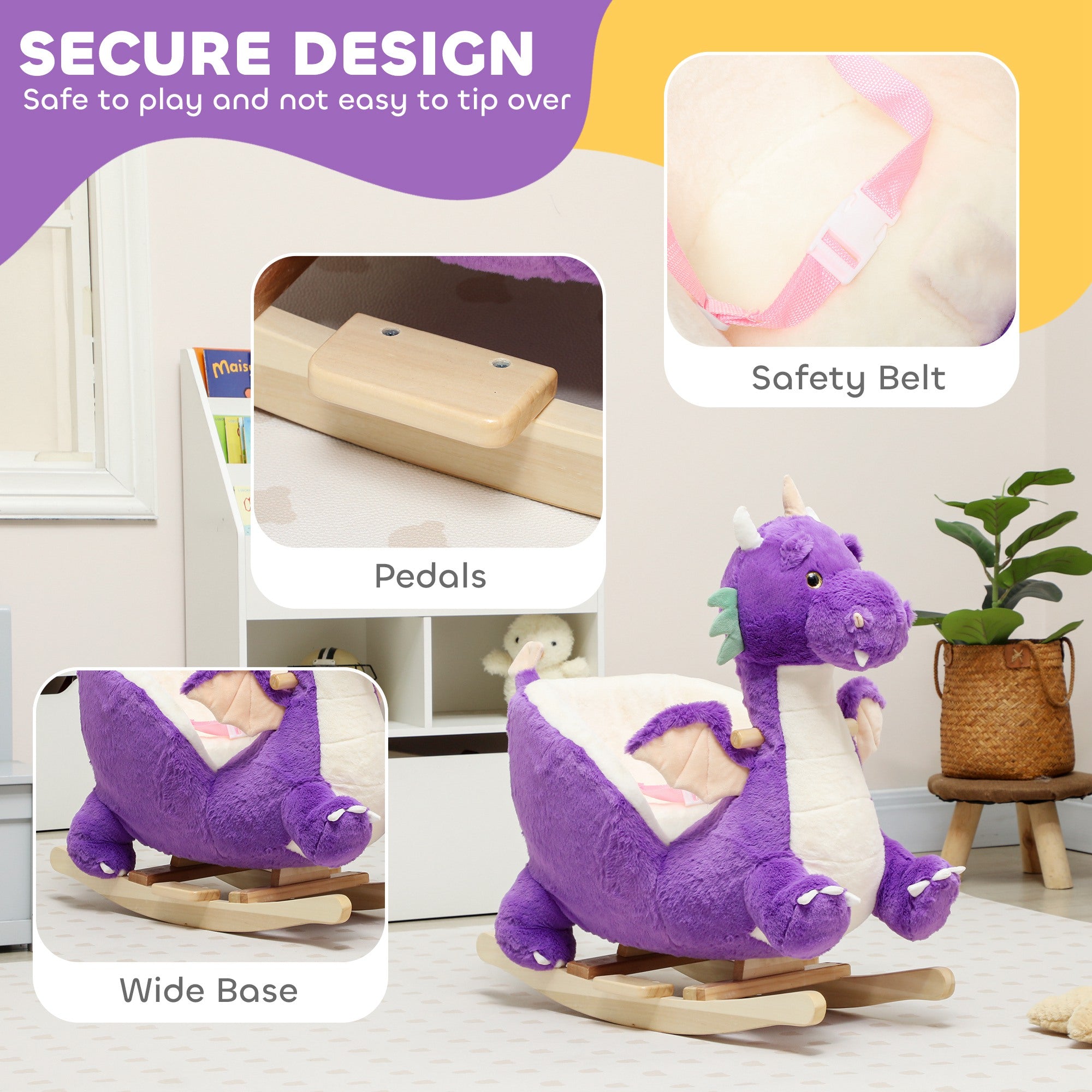 Baby Rocking Horse, Kids Ride On Dragon Toy with Realistic Dragon Roar and Safety Belt for Kids 18–36 Months, Purple