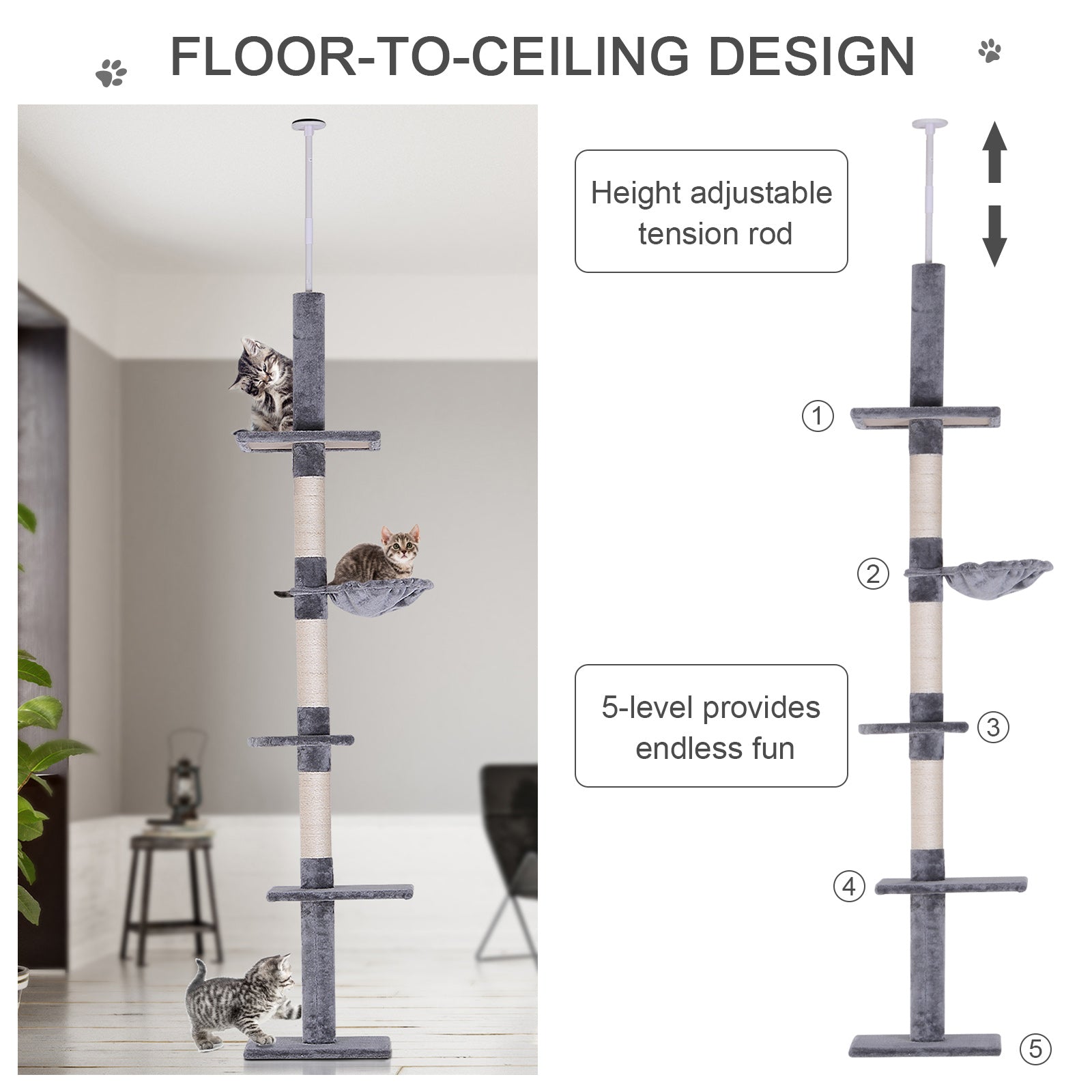 102" Adjustable Height Floor to Ceiling Cat Tree, 5 Level Cat Tower with Scratching Posts, Hammock, Gray - Grey - Image 5