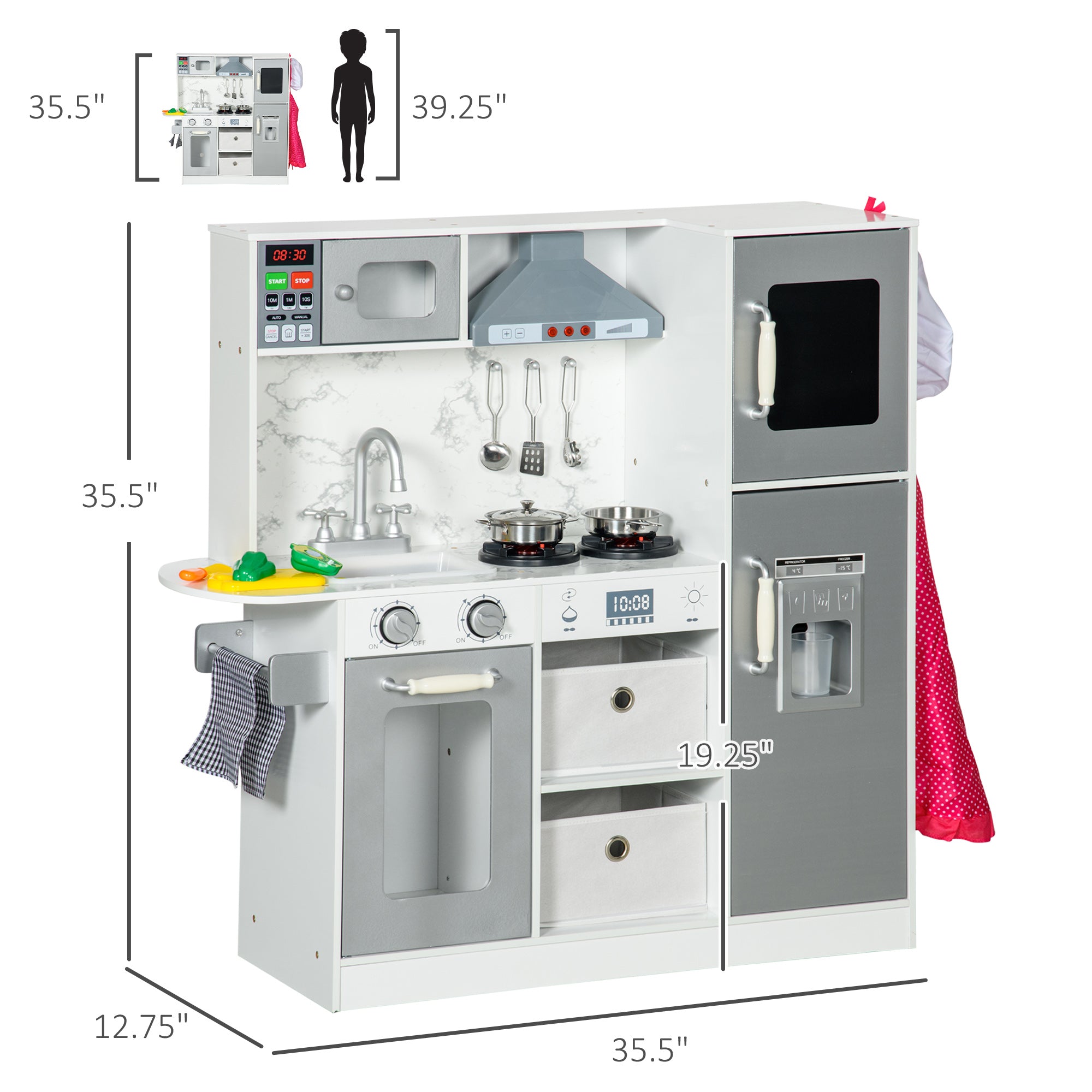 Play Kitchen Set for Kids W/ Lights Sounds, Apron and Chef Hat, White